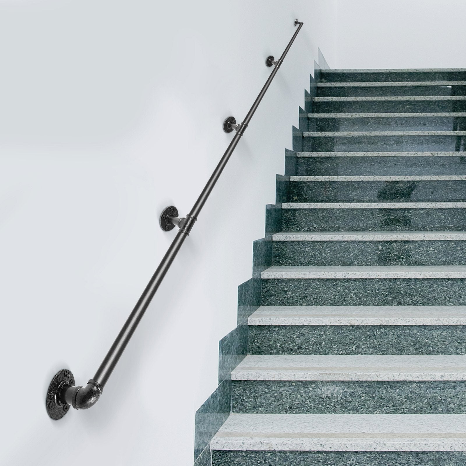 VEVOR Pipe Stair Handrail, 12FT Staircase Handrail, 440LBS Load Capacity Carbon Steel Pipe Handrail, Industrial Pipe Handrail with Wall Mount Support, Round Corner Wall Handrailing for Indoor, Outdoor
