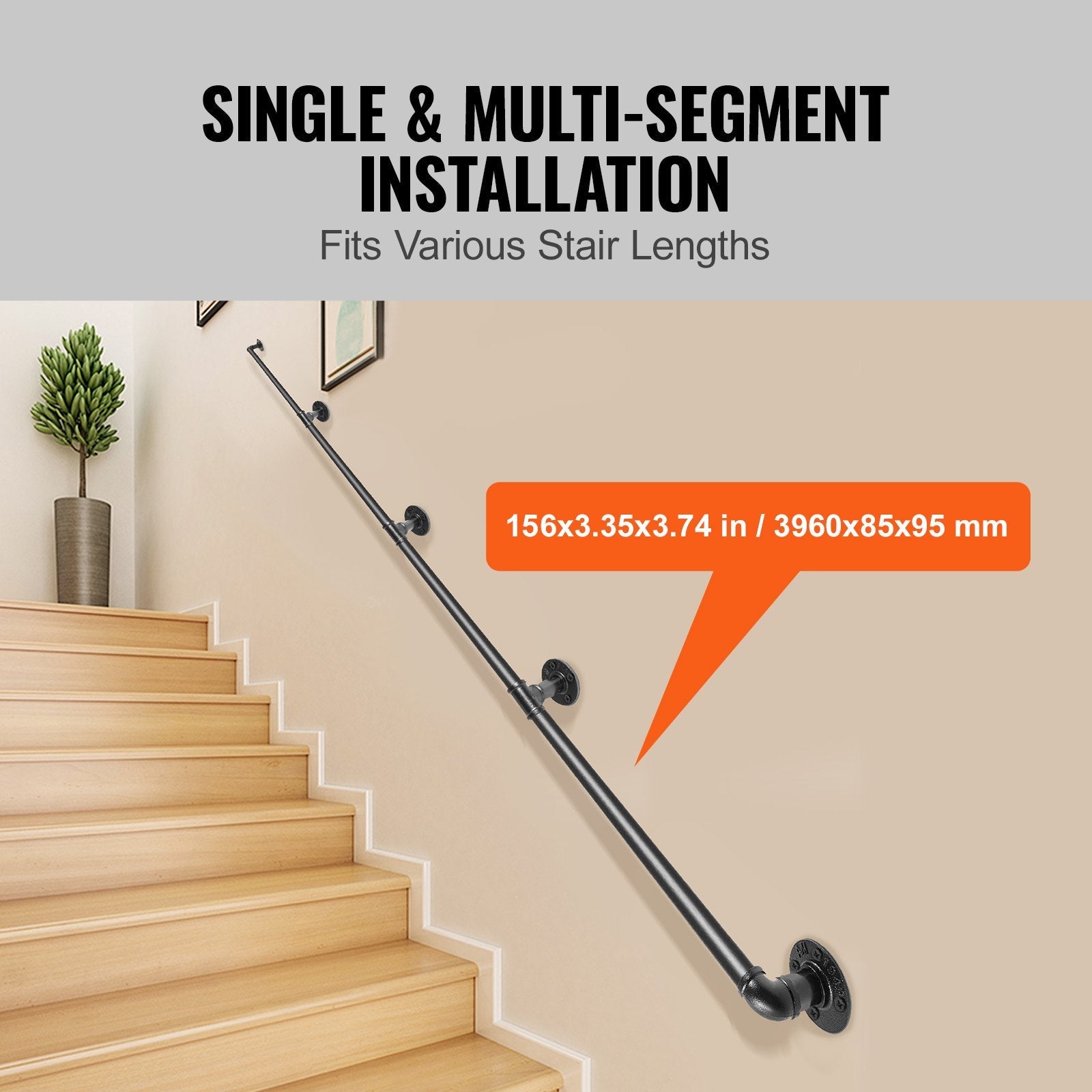 VEVOR Pipe Stair Handrail, 13FT Staircase Handrail, 440LBS Load Capacity Carbon Steel Pipe Handrail, Industrial Pipe Handrail with Wall Mount Support, Round Corner Wall Handrailing for Indoor, Outdoor