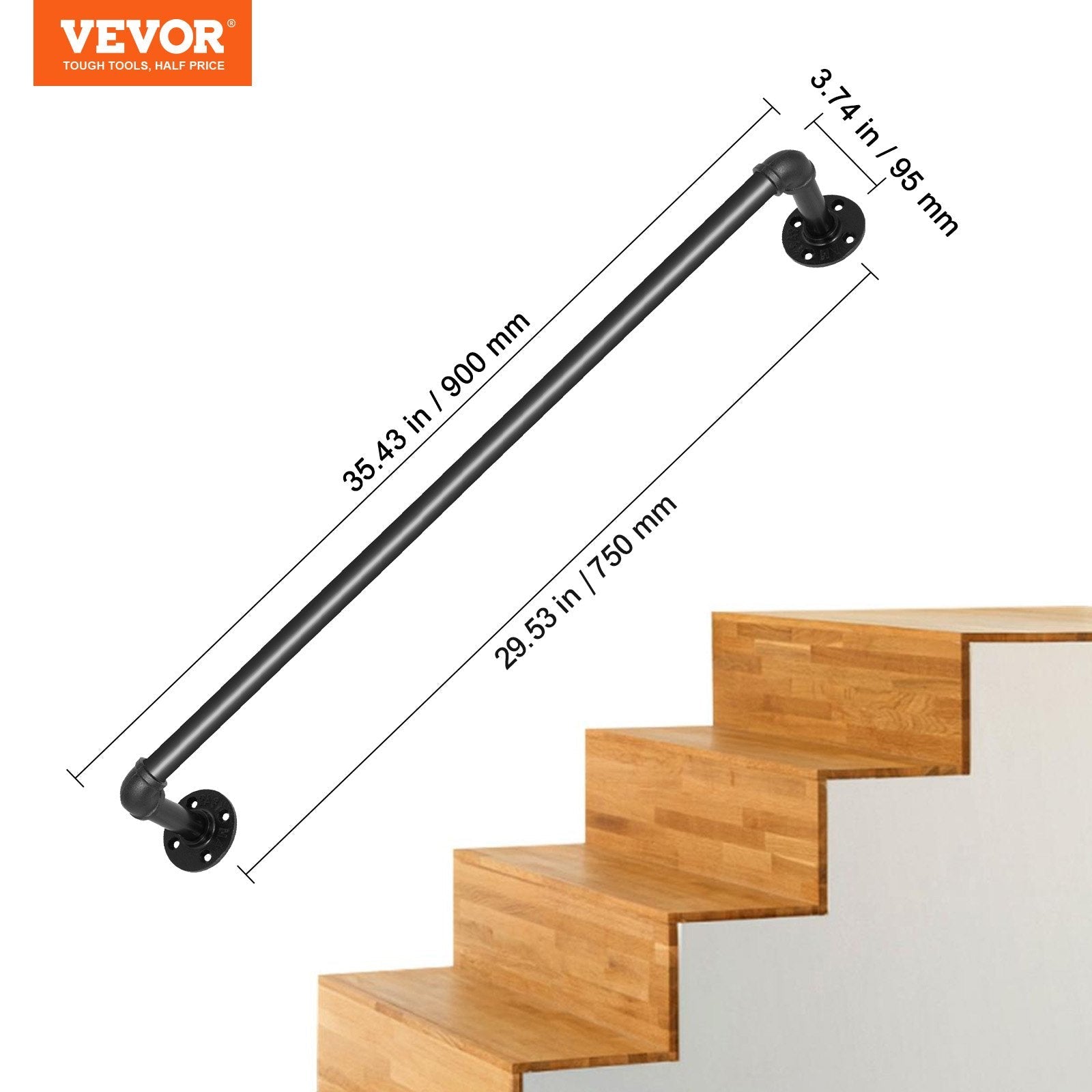 VEVOR Pipe Stair Handrail, 3FT Staircase Handrail, 440LBS Load Capacity Carbon Steel Pipe Handrail, Industrial Pipe Handrail with Wall Mount Support, Round Corner Wall Handrailings for Indoor, Outdoor
