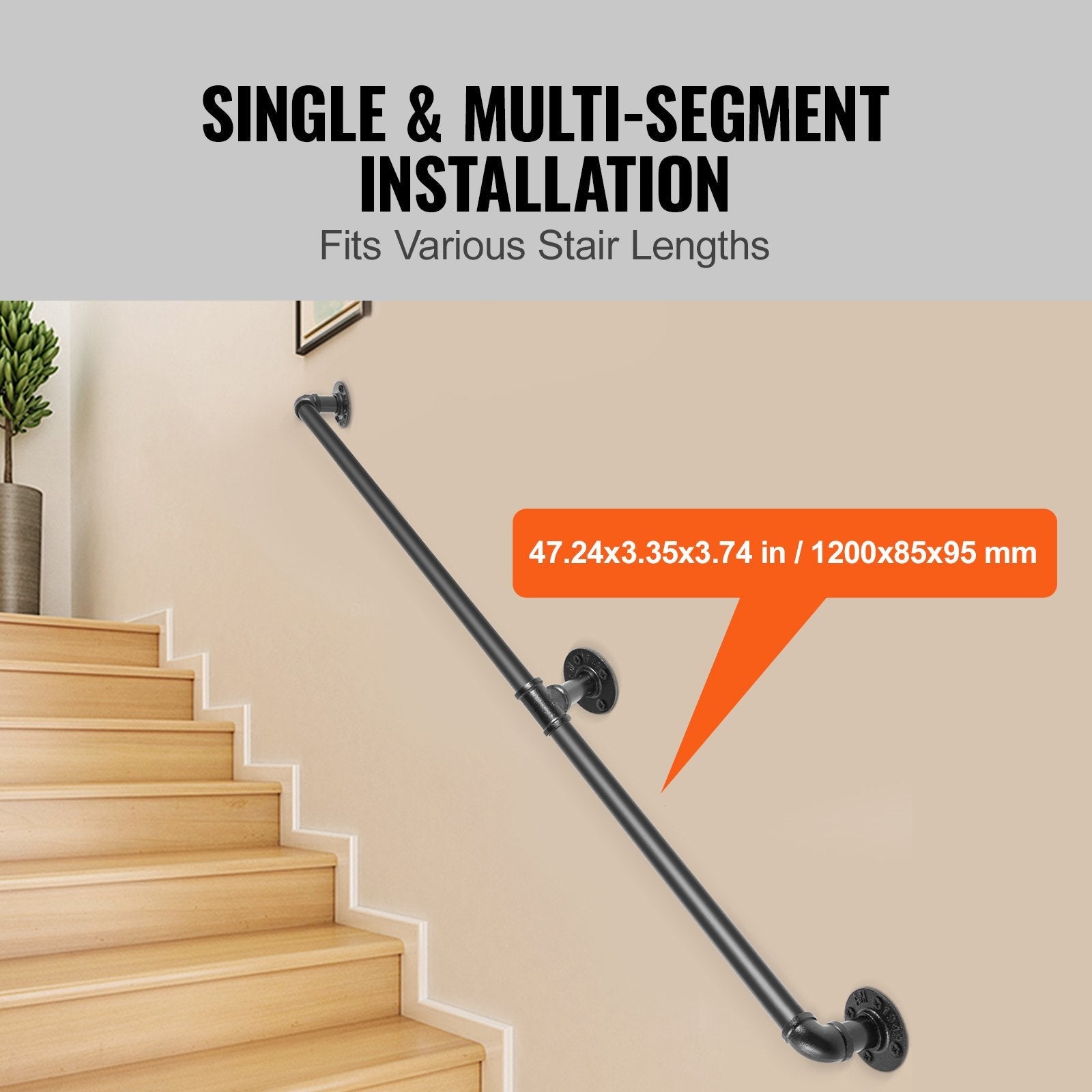 VEVOR Pipe Stair Handrail, 4FT Staircase Handrail, 440LBS Load Capacity Carbon Steel Pipe Handrail, Industrial Pipe Handrail with Wall Mount Support, Round Corner Wall Handrailings for Indoor, Outdoor