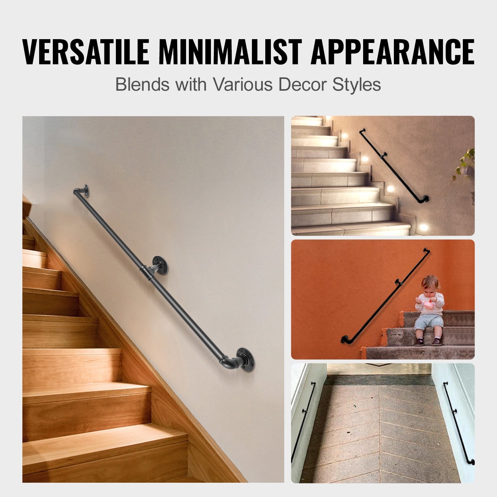 VEVOR Pipe Stair Handrail, 4FT Staircase Handrail, 440LBS Load Capacity Carbon Steel Pipe Handrail, Industrial Pipe Handrail with Wall Mount Support, Round Corner Wall Handrailings for Indoor, Outdoor