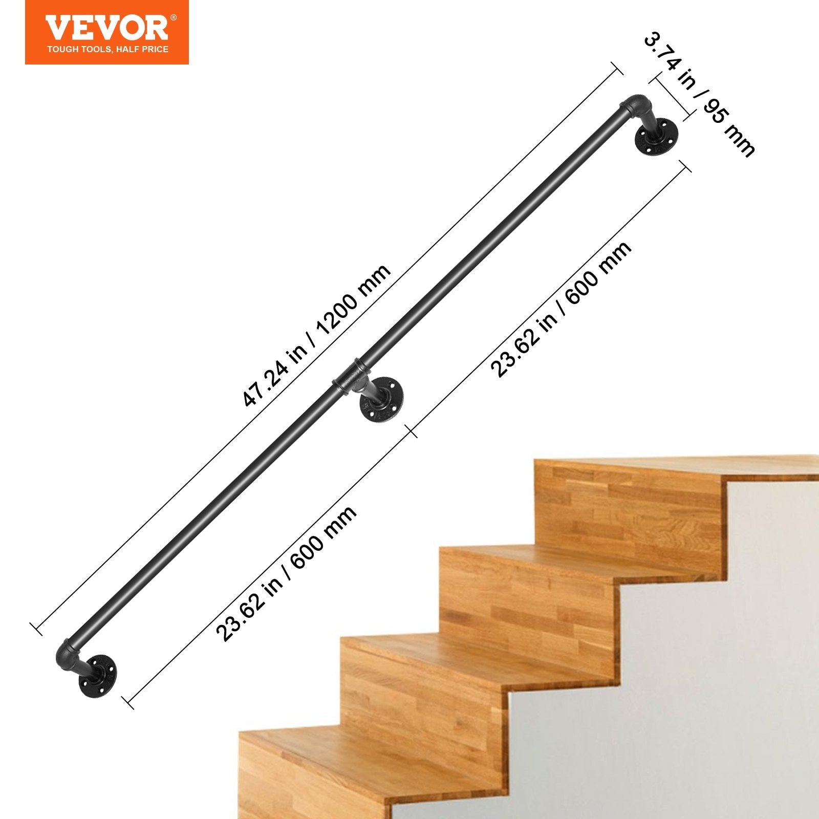 VEVOR Pipe Stair Handrail, 4FT Staircase Handrail, 440LBS Load Capacity Carbon Steel Pipe Handrail, Industrial Pipe Handrail with Wall Mount Support, Round Corner Wall Handrailings for Indoor, Outdoor