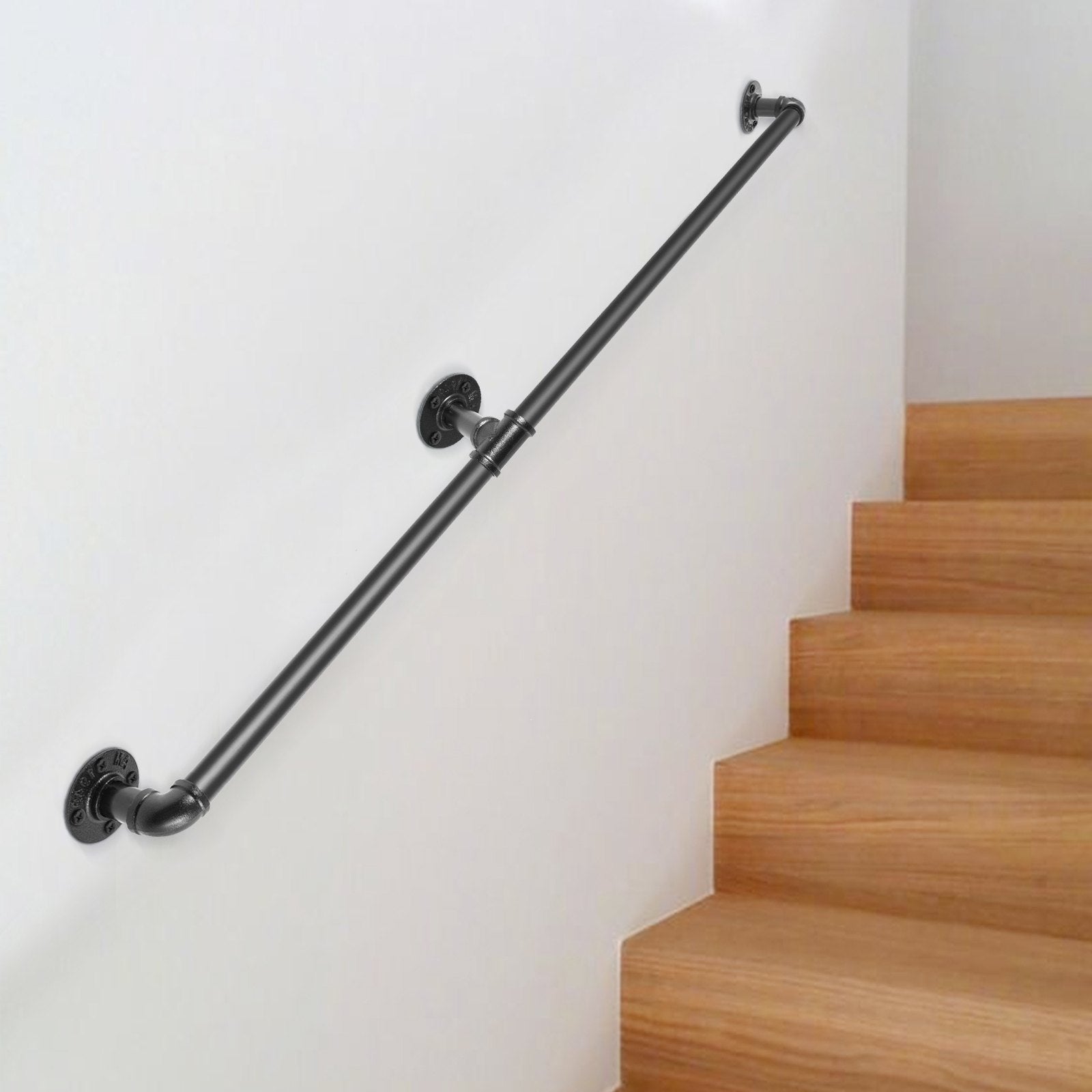 VEVOR Pipe Stair Handrail, 4FT Staircase Handrail, 440LBS Load Capacity Carbon Steel Pipe Handrail, Industrial Pipe Handrail with Wall Mount Support, Round Corner Wall Handrailings for Indoor, Outdoor