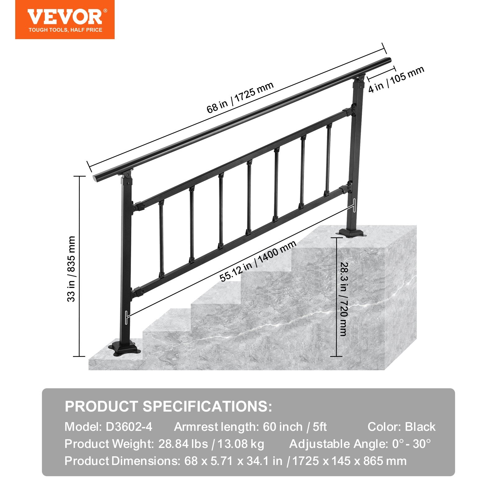VEVOR Outdoor Stair Railing, Fits for 1-4 Steps Transitional Wrought Iron Handrail, Adjustable Exterior Stair Railing, Handrails for Concrete Steps with Installation Kit, Matte Black Outdoor Handrail