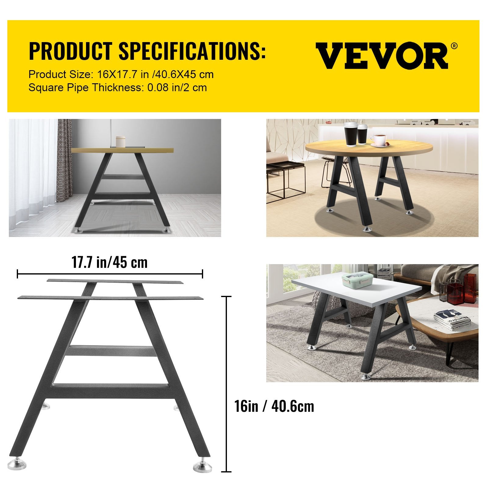 VEVOR Metal Table Legs 16 x 17.7 inch A-Shaped Desk Legs Set of 2 Heavy Duty Bench Legs Rustic Metal Furniture Legs Wrought Iron Coffee Table Legs Home DIY for Dining Table w/ Floor Protectors Black