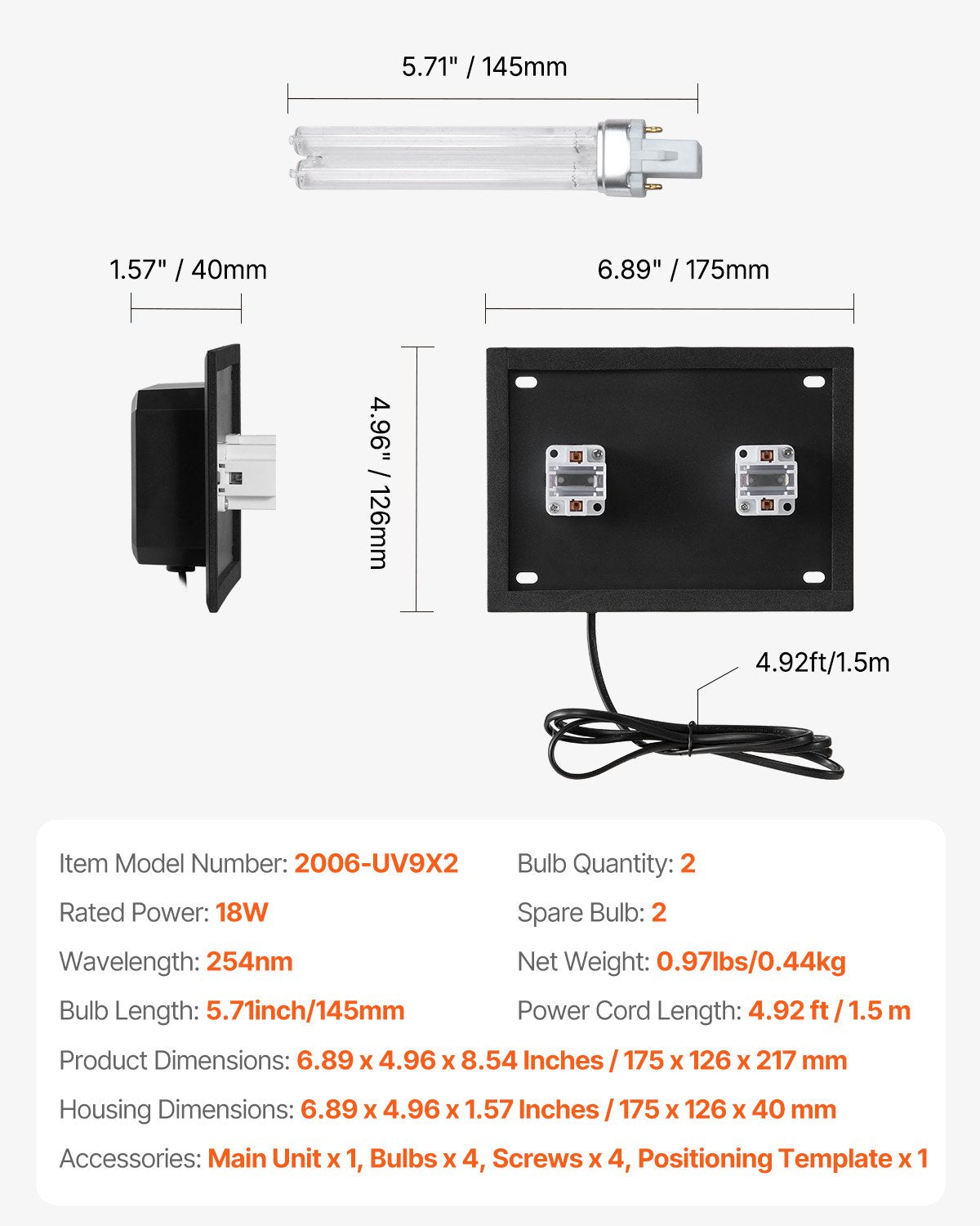 VEVOR HVAC Air Purifier Whole House 18W 7inch Light in Duct for Ac Systems