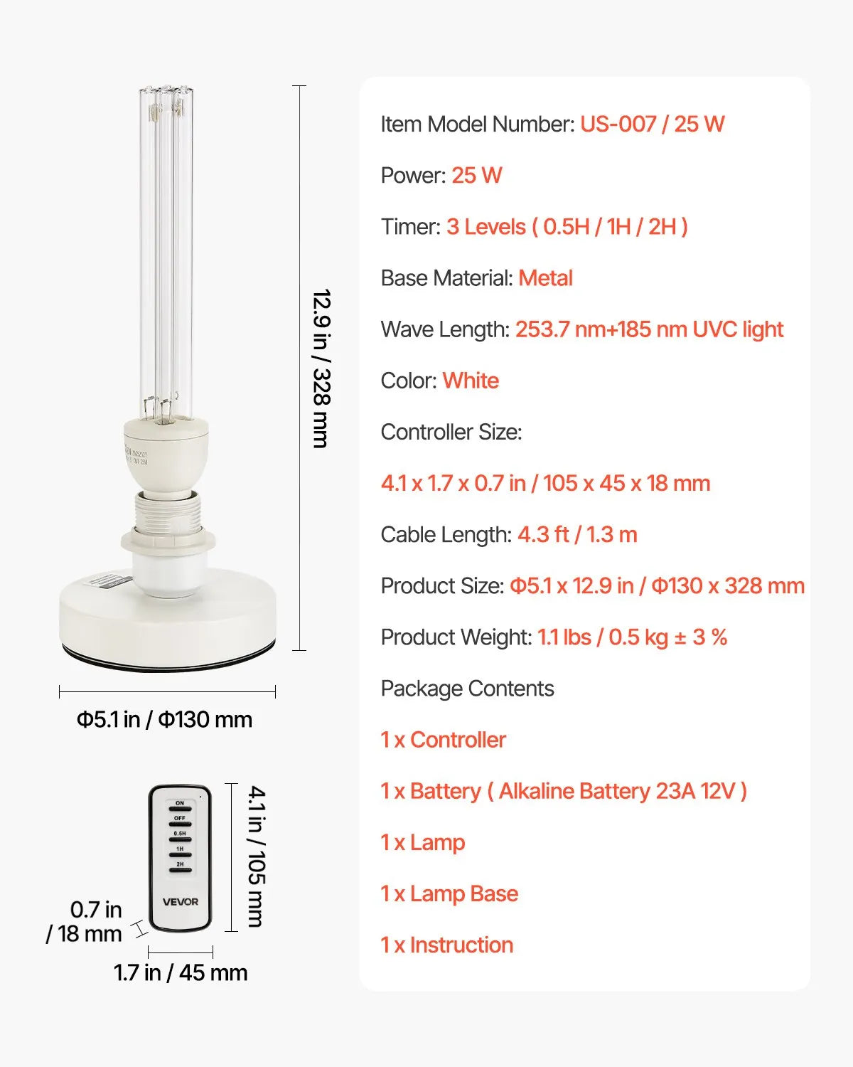 VEVOR UV Light 25W Ultraviolet Lamp with Ozone Purifier UVC Lamp Remote Control
