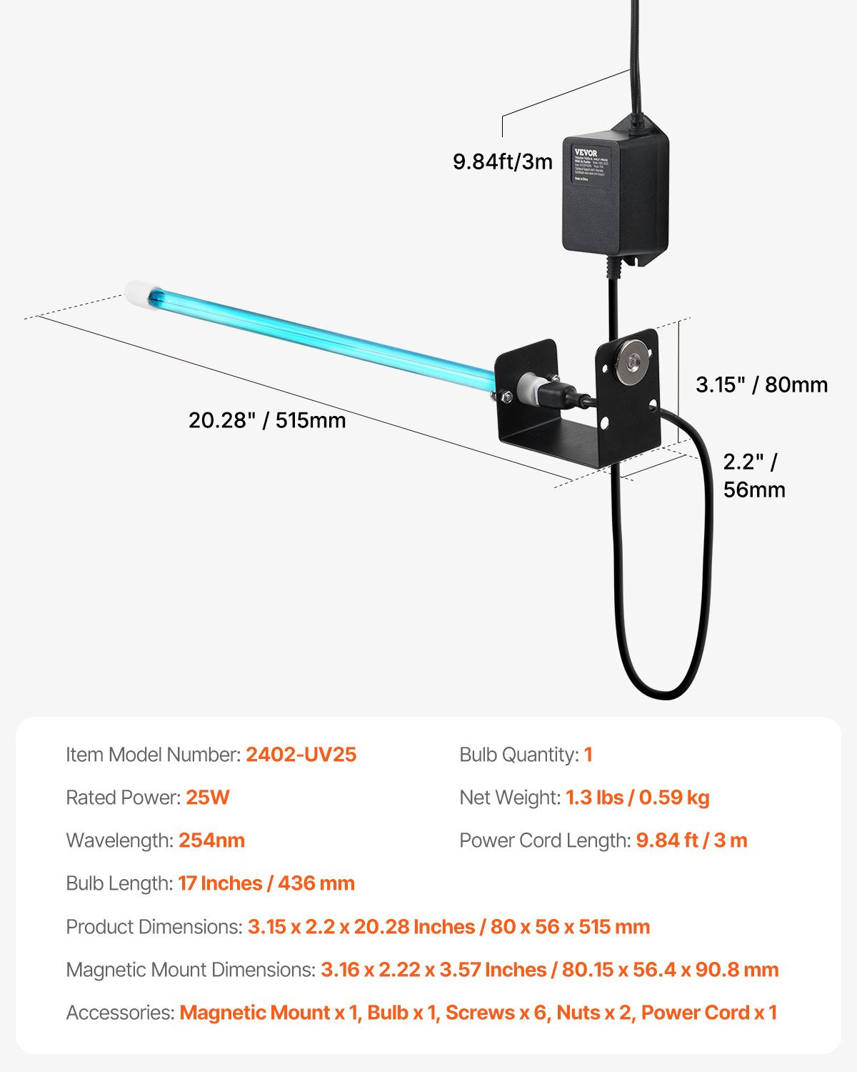 VEVOR HVAC Air Purifier 25W 17inch Light Coil Cleaner with Magnet in Duct