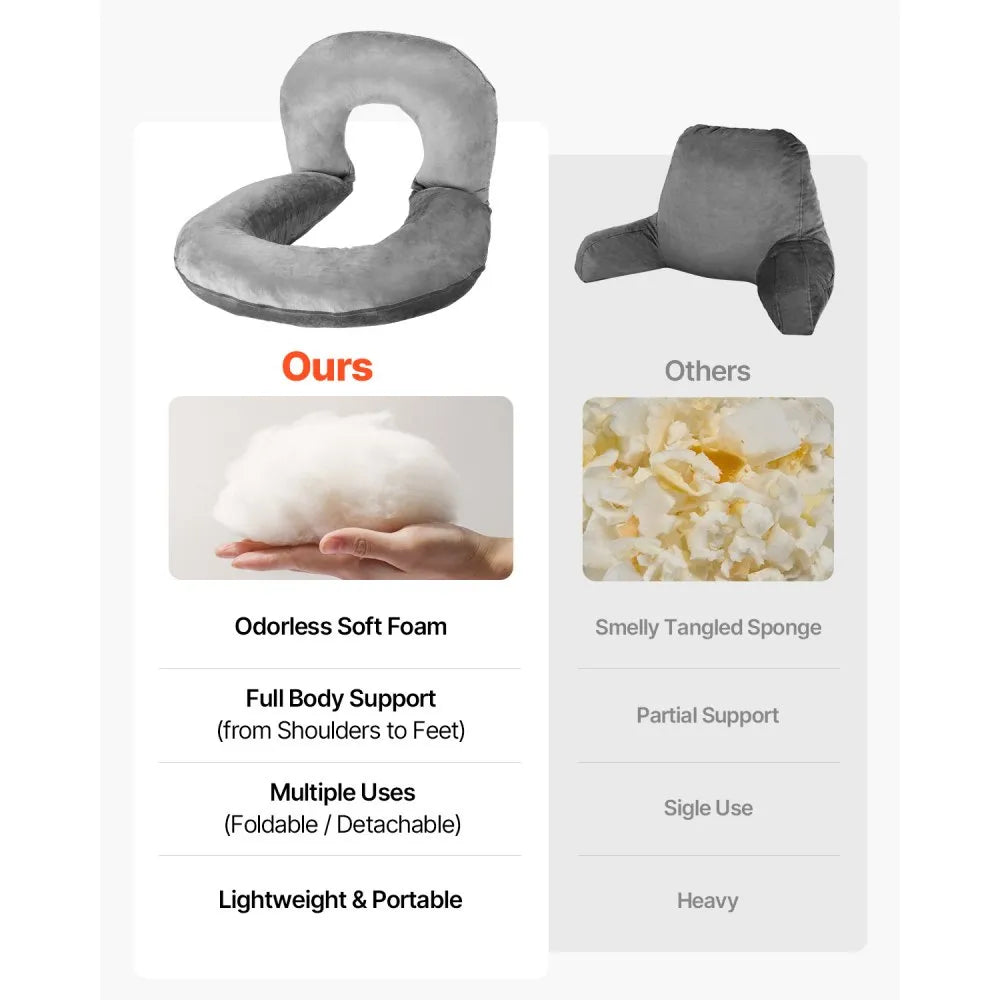 VEVOR Reading Pillow Large Size U-Shaped Sitting up Pillow with Soft Velvet Grey