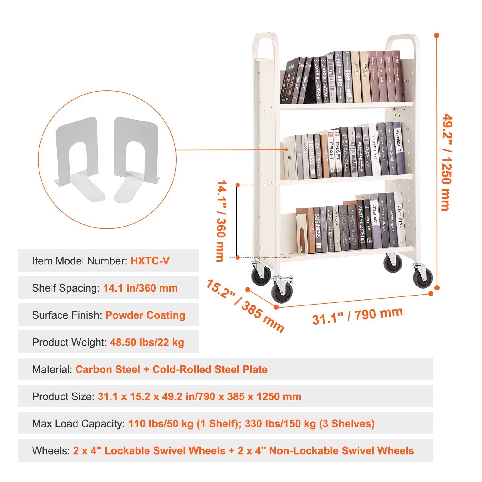 VEVOR Book Cart, 330 lbs Library Cart, 31.1" x 15.2" x 49.2" Rolling Book Cart, Single Sided V-Shaped Sloped Shelves with 4-Inch Lockable Wheels for Home Shelves Office and School, Book Truck in White