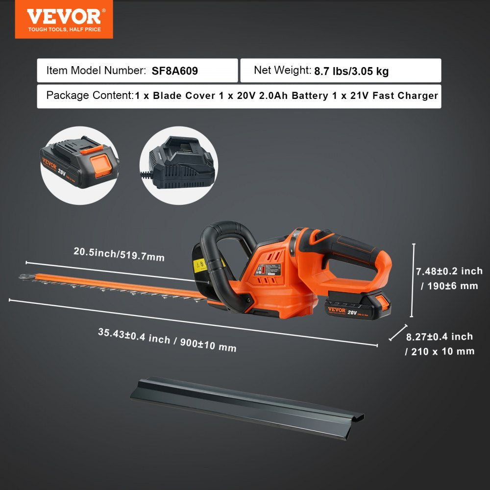 VEVOR 20V Cordless Hedge Trimmer, 18 inch Double-edged Steel Blade, Hedge Trimmer Kit 20V Battery, Fast Charger, and Blade Cover Included, 180° Rotating Head