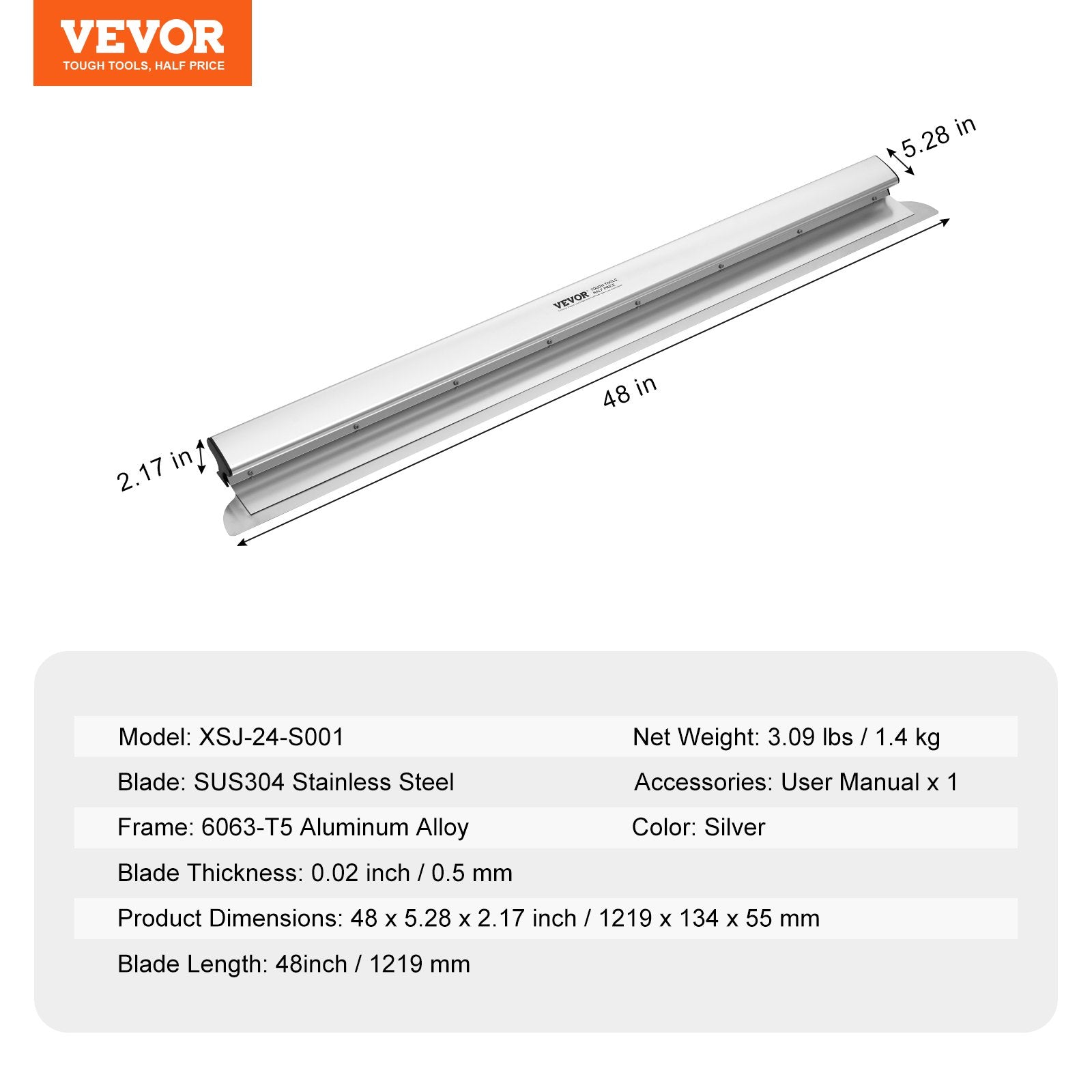 VEVOR Drywall Skimming Blade,48 inch Smoothing Knife, Stainless Steel Blade & Aluminum Alloy Body Professional Skim Coat Tools For Drywall, Wipe/Drywall Knife, for Gyprock/WallBoard/Plasterboard