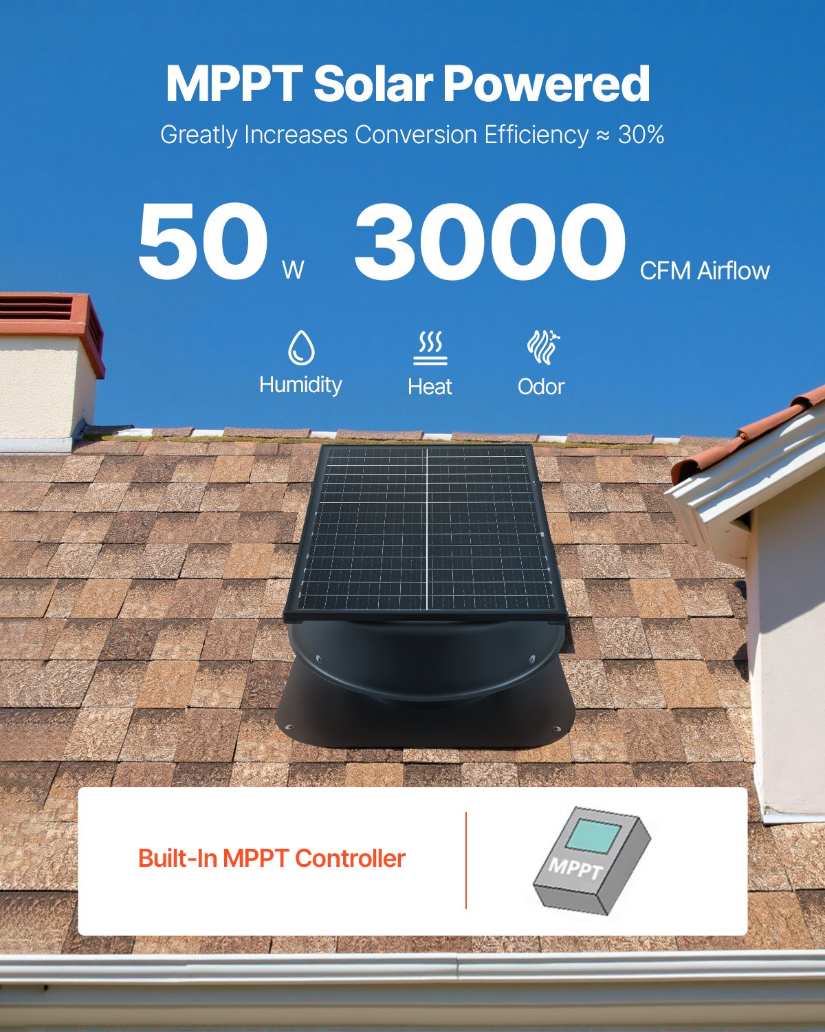 VEVOR Solar Roof Attic Exhaust Fan 50W with Smart Thermostat Remote Control