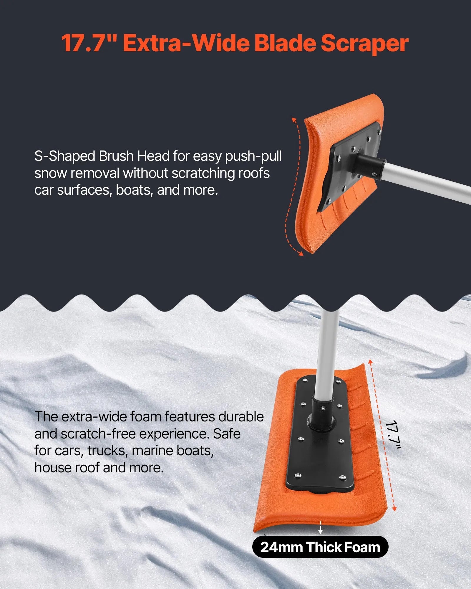 VEVOR Snow Roof Rake, 17.7 in Foam Blade, 7.3-18.4 ft Adjustable Roof Snow Scraper, Extension Tubes & Non-Slip Handle, Lightweight Snows Removal Tool for House Leaves Debris Clearing