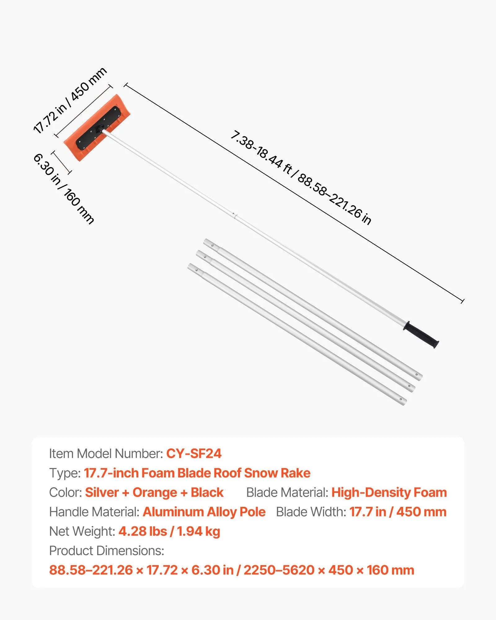 VEVOR Snow Roof Rake, 17.7 in Foam Blade, 7.3-18.4 ft Adjustable Roof Snow Scraper, Extension Tubes & Non-Slip Handle, Lightweight Snows Removal Tool for House Leaves Debris Clearing