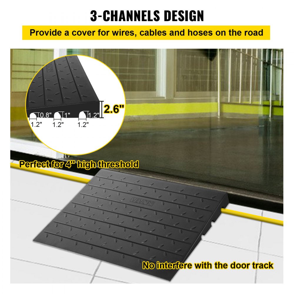 VEVOR Rubber Threshold Ramp, 2.6" Rise Threshold Ramp Doorway, 3 Channels Cord Cover Rubber Solid Threshold Ramp, Rubber Angled Entry Rated 2202 Lbs Load Capacity for Wheelchair and Scooter