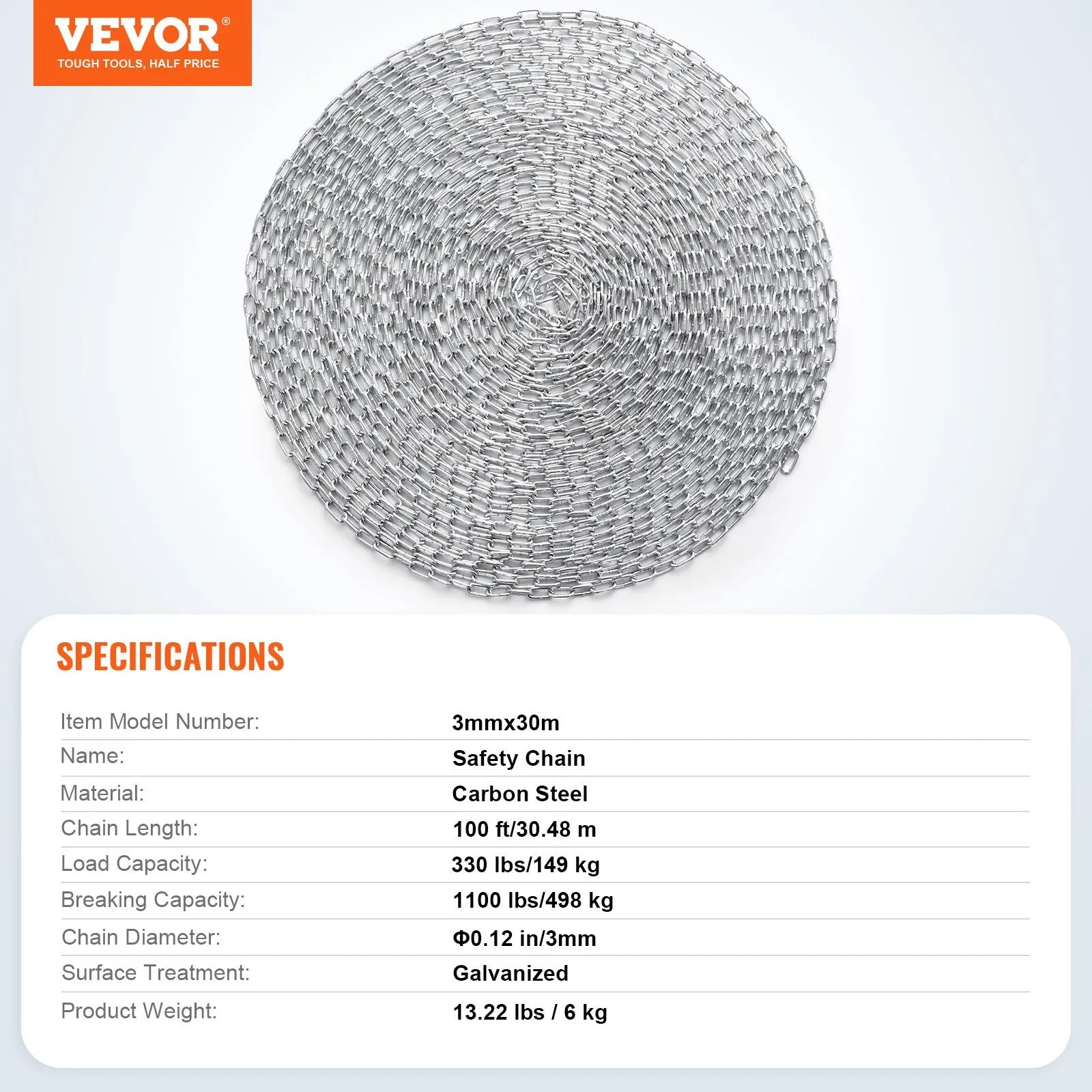 VEVOR Zinc Plated Proof Coil Chain Carbon Steel Chain Sling 1/8" x 100' 330 lbs