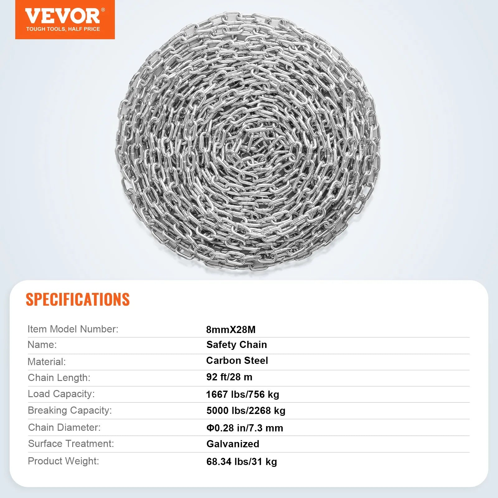 VEVOR Zinc Plated Proof Coil Chain Carbon Steel Chain Sling 5/16" x 92' 1667 lbs