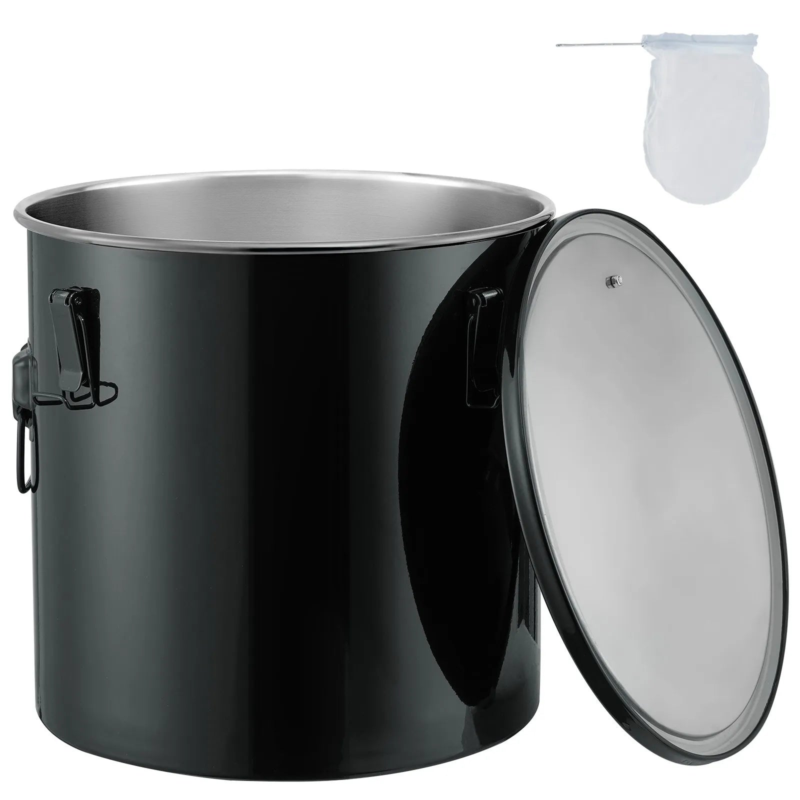 VEVOR Fryer Grease Bucket, 8 Gal Oil Disposal Caddy Stainless Steel Fryer Oil Bucket Rust-Proof Coating, Oil Transport Container with Lid, Lock Clips, Filter Bag for Hot Cooking Oil Filtering, Black