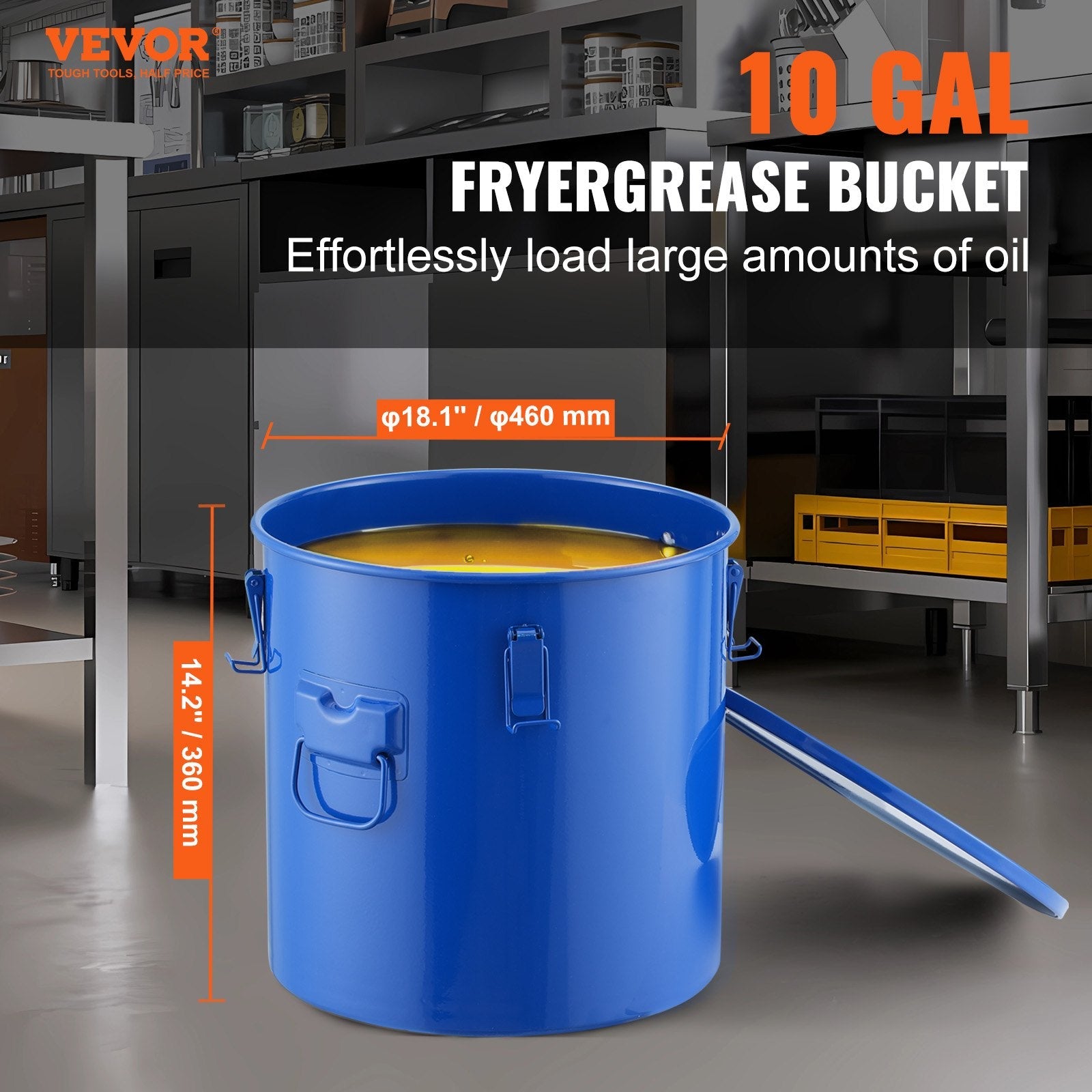 VEVOR Fryer Grease Bucket, 10 Gal Oil Disposal Caddy Carbon Steel Fryer Oil Bucket with Rust-Proof Coating, Oil Transport Container with Lid, Lock Clips, Filter Bag for Hot Cooking Oil Filtering, Blue