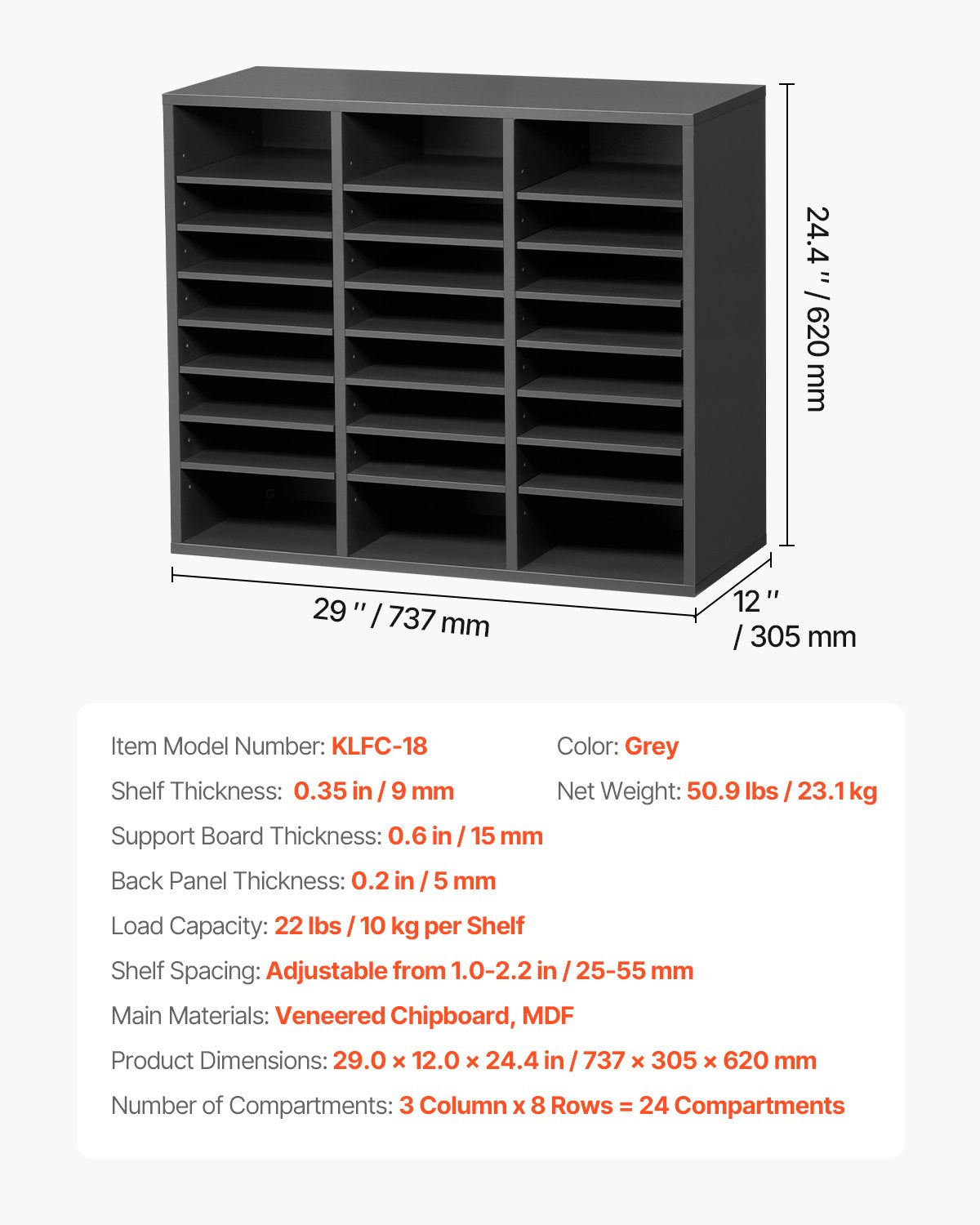 VEVOR Wooden Literature Organizer 24 Compartments with Adjustable Shelves Grey