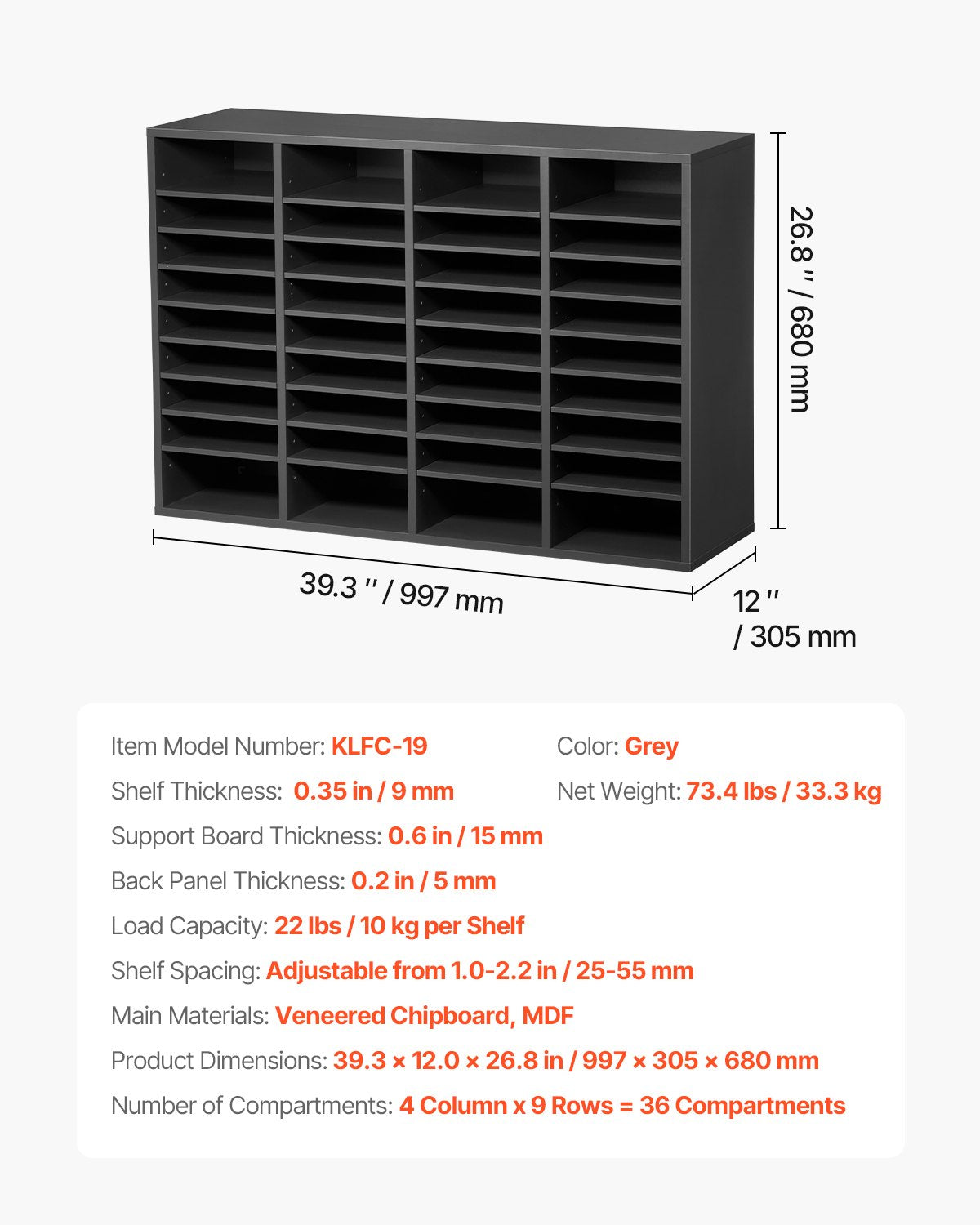 VEVOR Wooden Literature Organizer 36 Compartments with Adjustable Shelves Grey