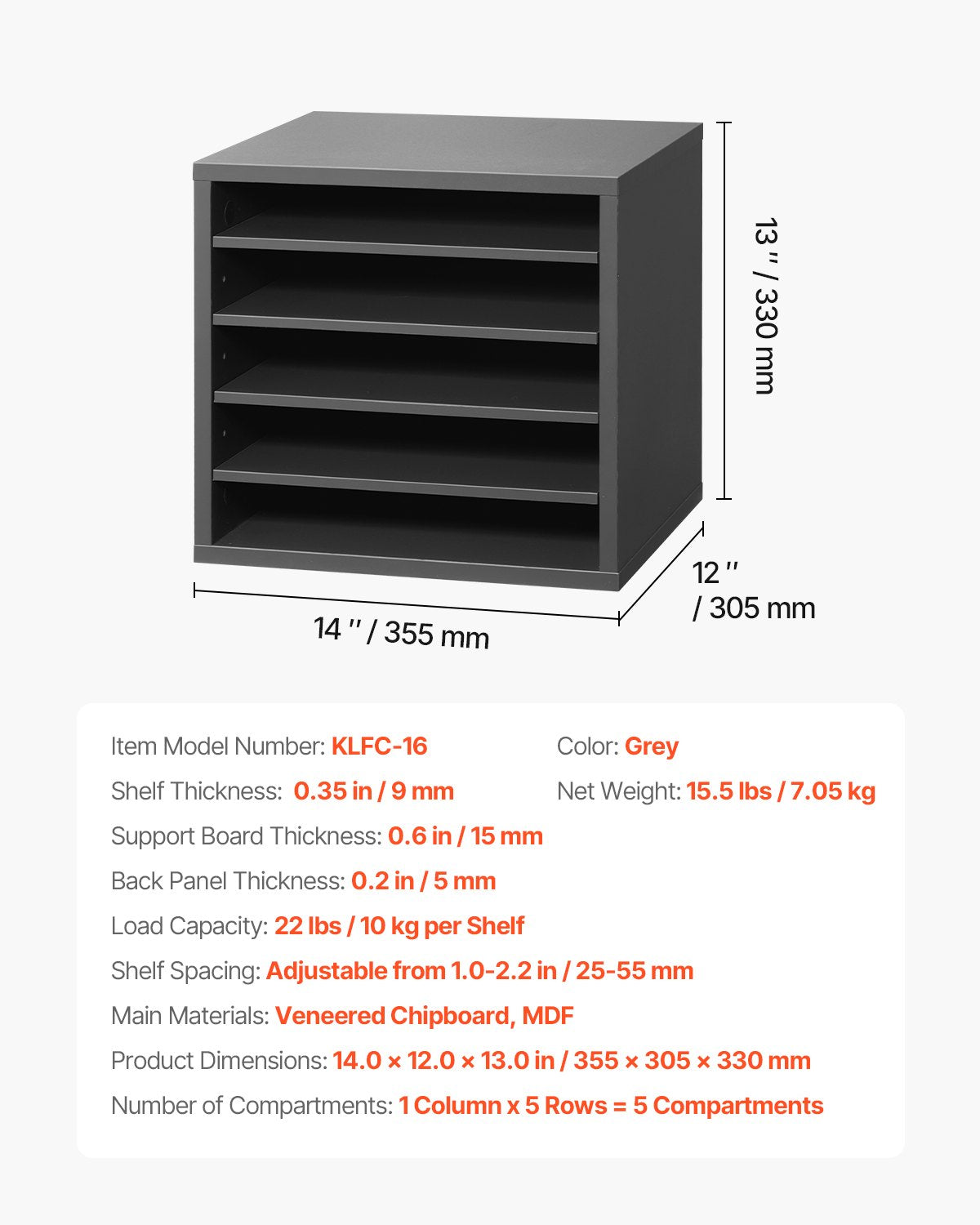 VEVOR Wooden Literature Organizer 5 Compartments with Adjustable Shelves Grey