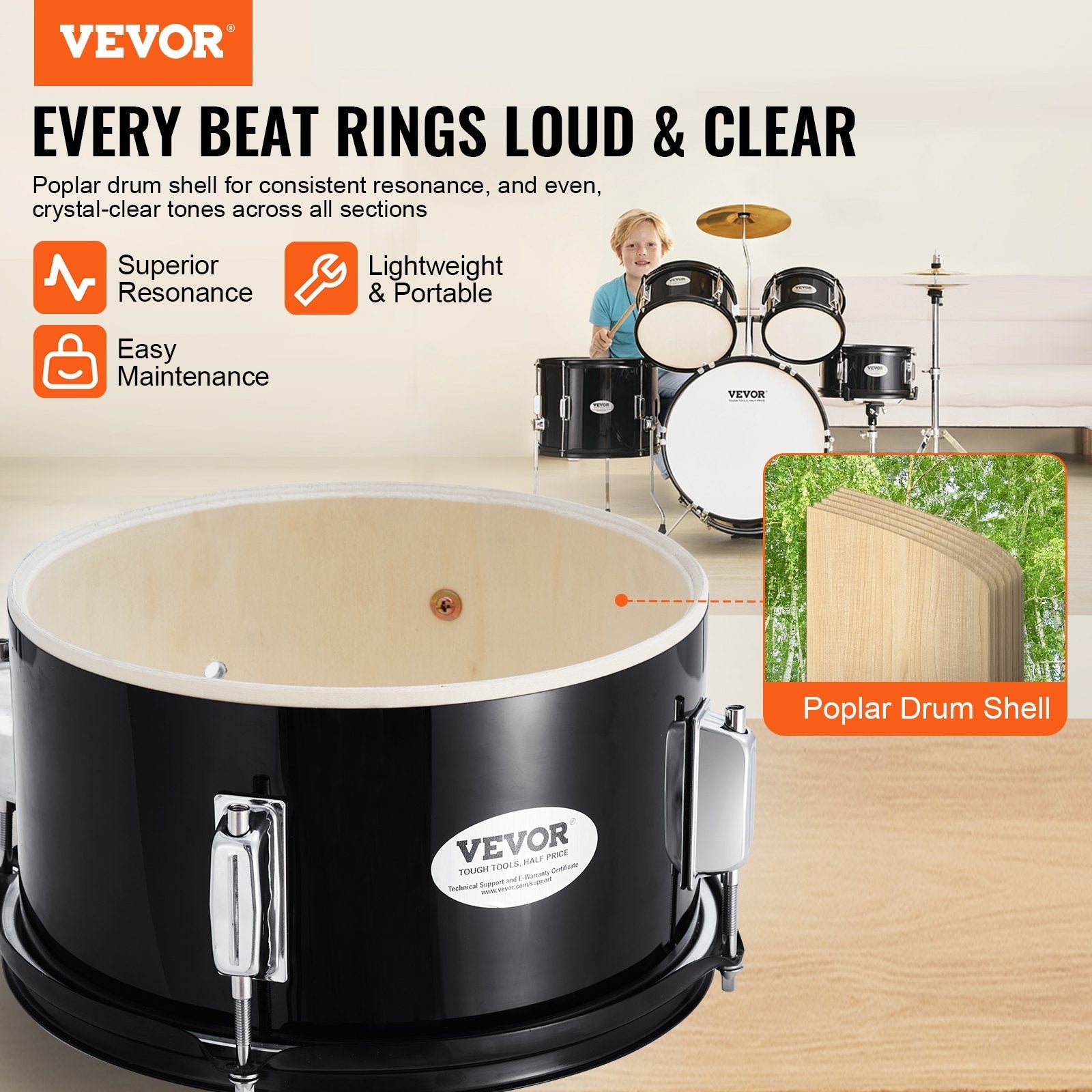 VEVOR Kids Drum Set, 5-Piece, 16 in Beginner Full Drum Set with Bass Toms Snare Floor Drum Adjustable Throne Cymbal Hi-Hat Pedal and Two Pairs of Drumsticks, Starter Drum Kit for Child Kids, Black