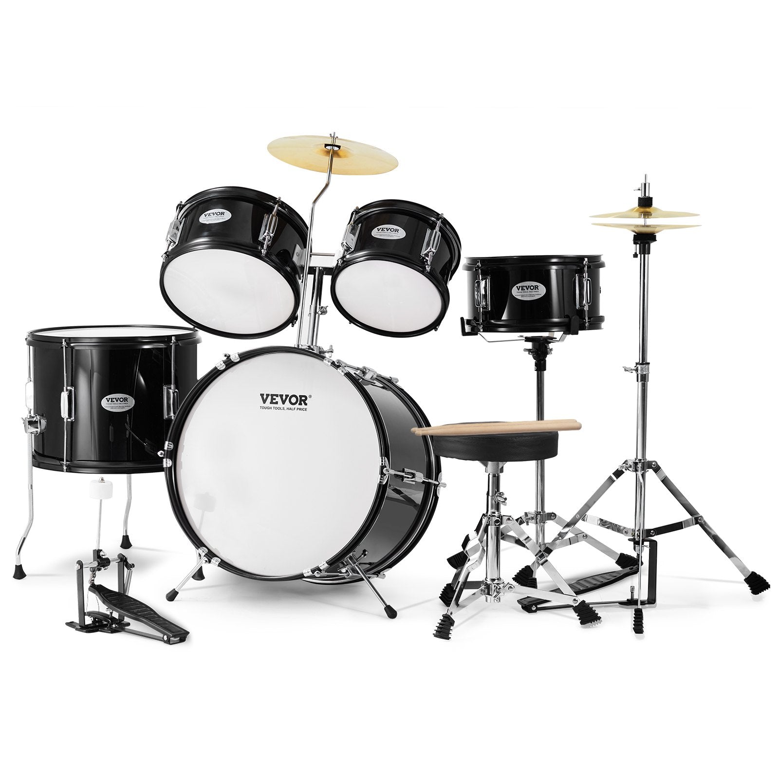VEVOR Kids Drum Set, 5-Piece, 16 in Beginner Full Drum Set with Bass Toms Snare Floor Drum Adjustable Throne Cymbal Hi-Hat Pedal and Two Pairs of Drumsticks, Starter Drum Kit for Child Kids, Black