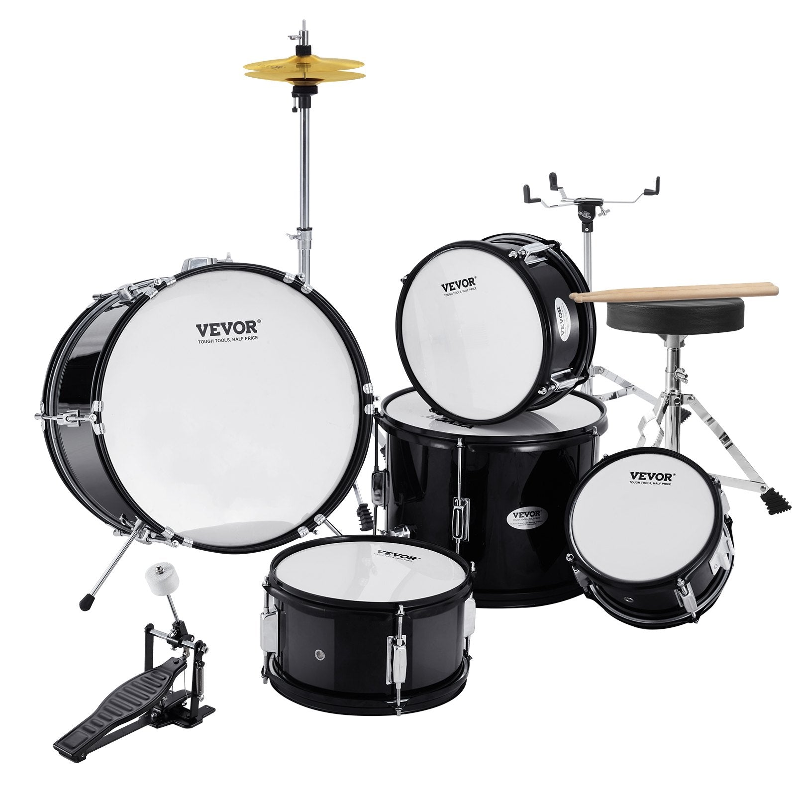 VEVOR Kids Drum Set, 5-Piece, 16 in Beginner Full Drum Set with Bass Toms Snare Floor Drum Adjustable Throne Cymbal Hi-Hat Pedal and Two Pairs of Drumsticks, Starter Drum Kit for Child Kids, Black
