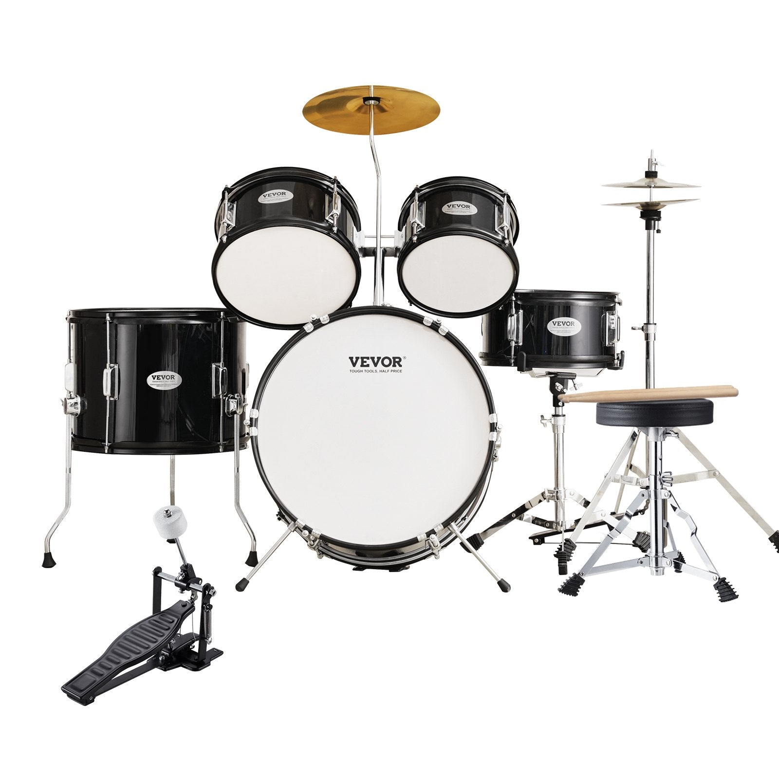 VEVOR Kids Drum Set, 5-Piece, 16 in Beginner Full Drum Set with Bass Toms Snare Floor Drum Adjustable Throne Cymbal Hi-Hat Pedal and Two Pairs of Drumsticks, Starter Drum Kit for Child Kids, Black