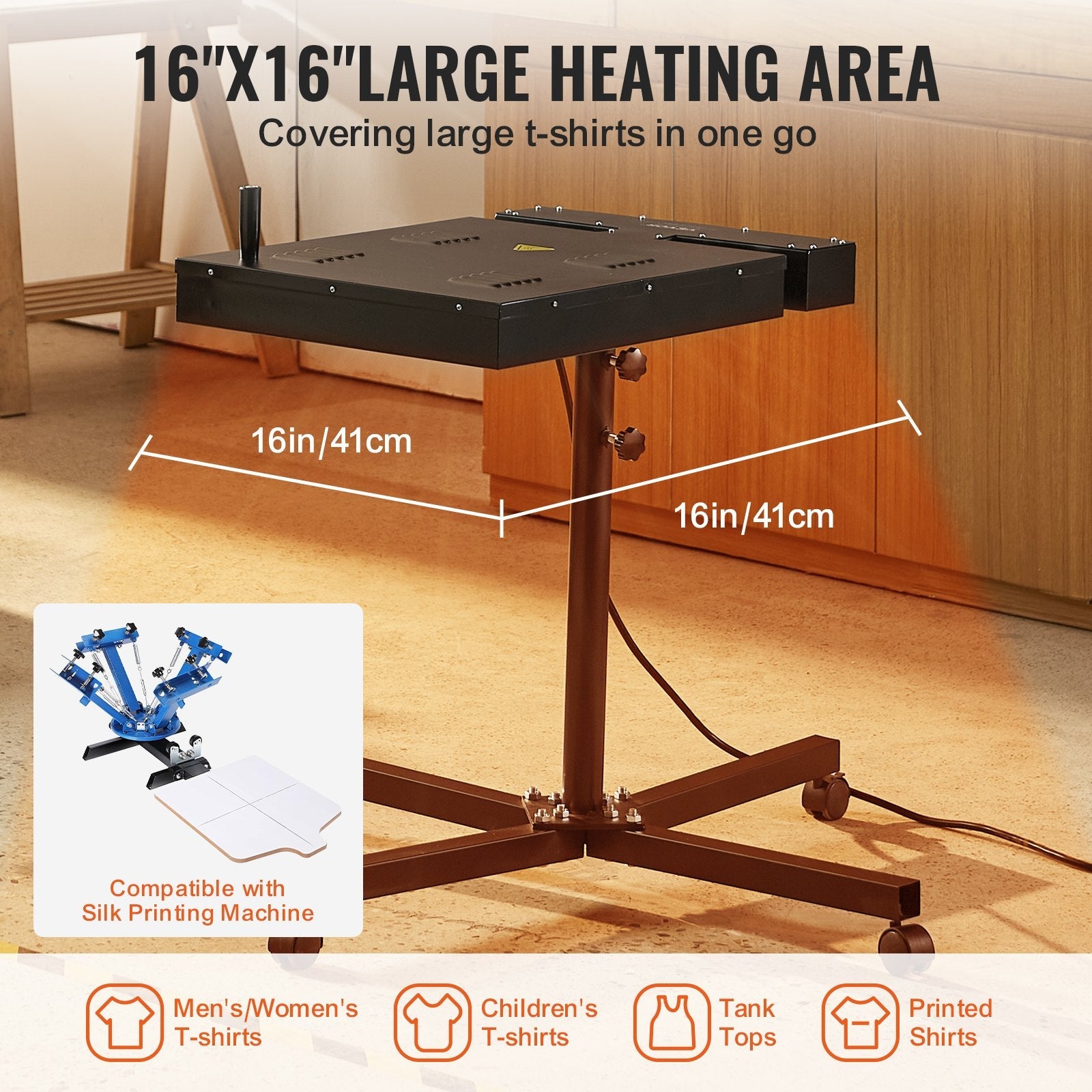 VEVOR Flash Dryer, 16 x 16 inch Flash Dryer for Screen Printing, 0-750? Temperature Control, High Power Silk Screen Printing Dryer with Height Adjustable Stand, 360° Rotation, T-Shirt Curing Machine