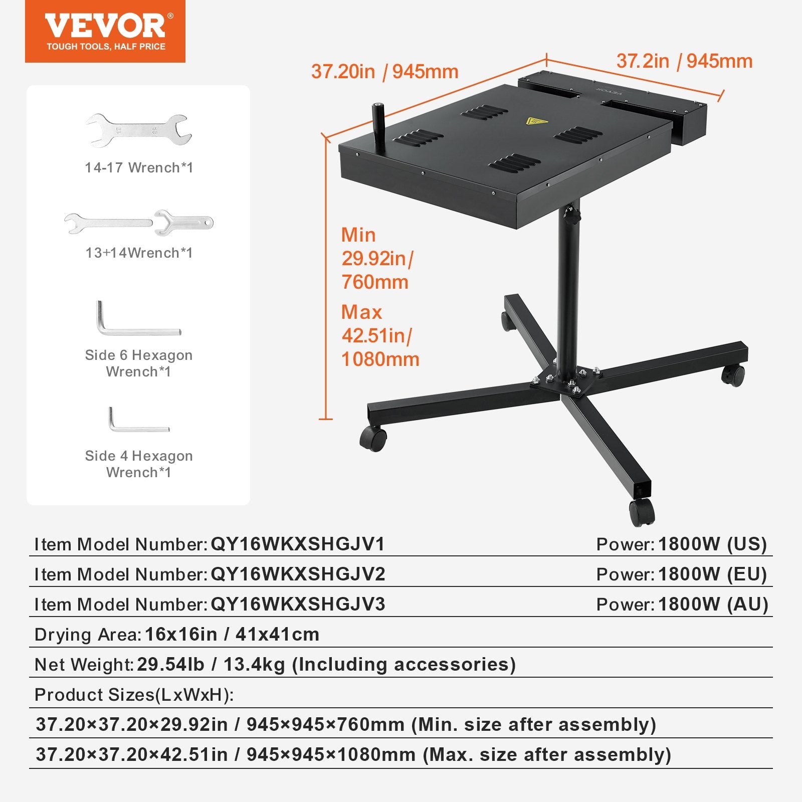 VEVOR Flash Dryer, 16 x 16 inch Flash Dryer for Screen Printing, 0-750? Temperature Control, High Power Silk Screen Printing Dryer with Height Adjustable Stand, 360° Rotation, T-Shirt Curing Machine