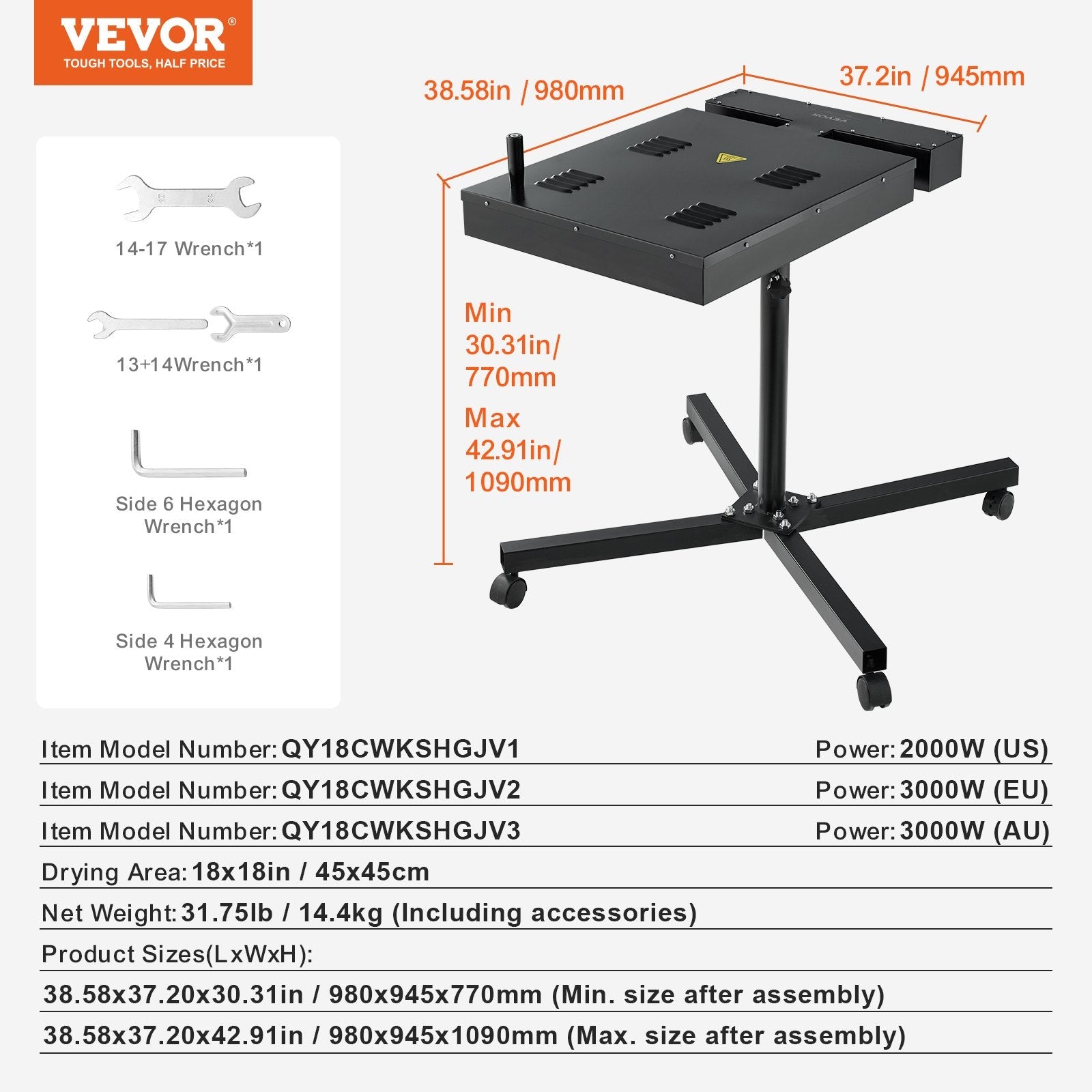 VEVOR Flash Dryer, 18 x 18 inch Flash Dryer for Screen Printing, 0-750? Temperature Control, High Power Silk Screen Printing Dryer with Height Adjustable Stand, 360° Rotation, T-Shirt Curing Machine