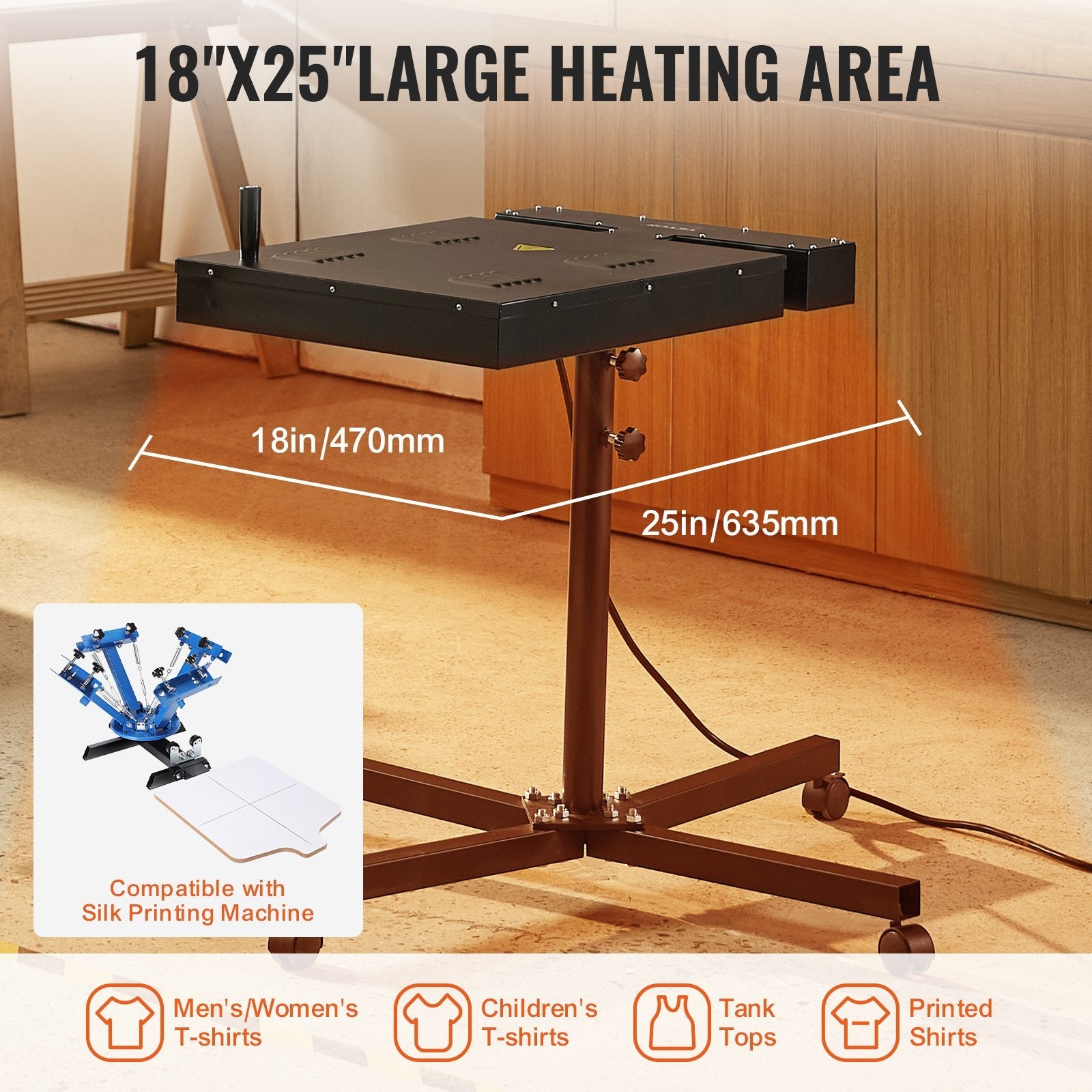 VEVOR Flash Dryer, 18 x 25 inch Flash Dryer for Screen Printing, 0-750? Temperature Control, High Power Silk Screen Printing Dryer with Height Adjustable Stand, 360° Rotation, T-Shirt Curing Machine