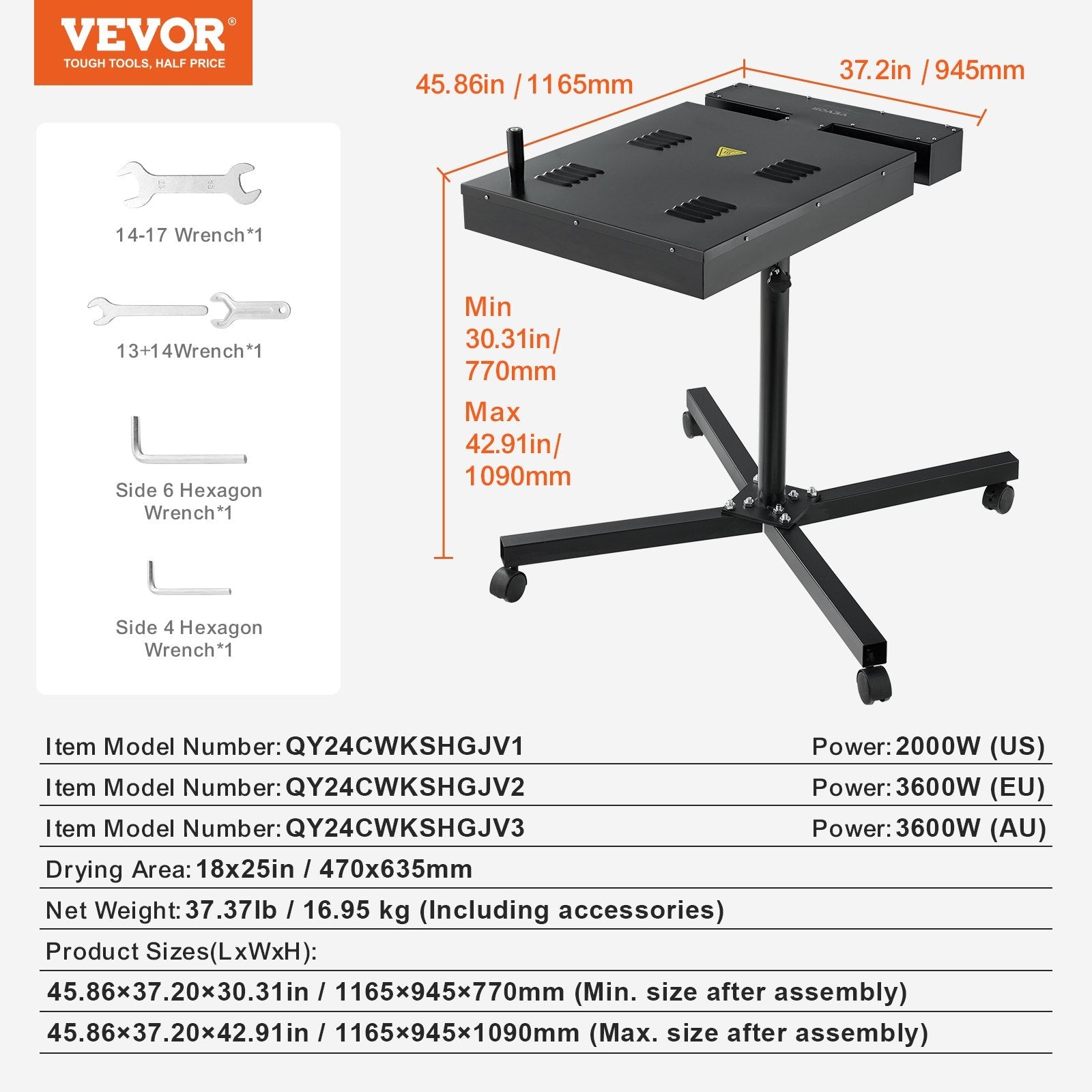 VEVOR Flash Dryer, 18 x 25 inch Flash Dryer for Screen Printing, 0-750? Temperature Control, High Power Silk Screen Printing Dryer with Height Adjustable Stand, 360° Rotation, T-Shirt Curing Machine