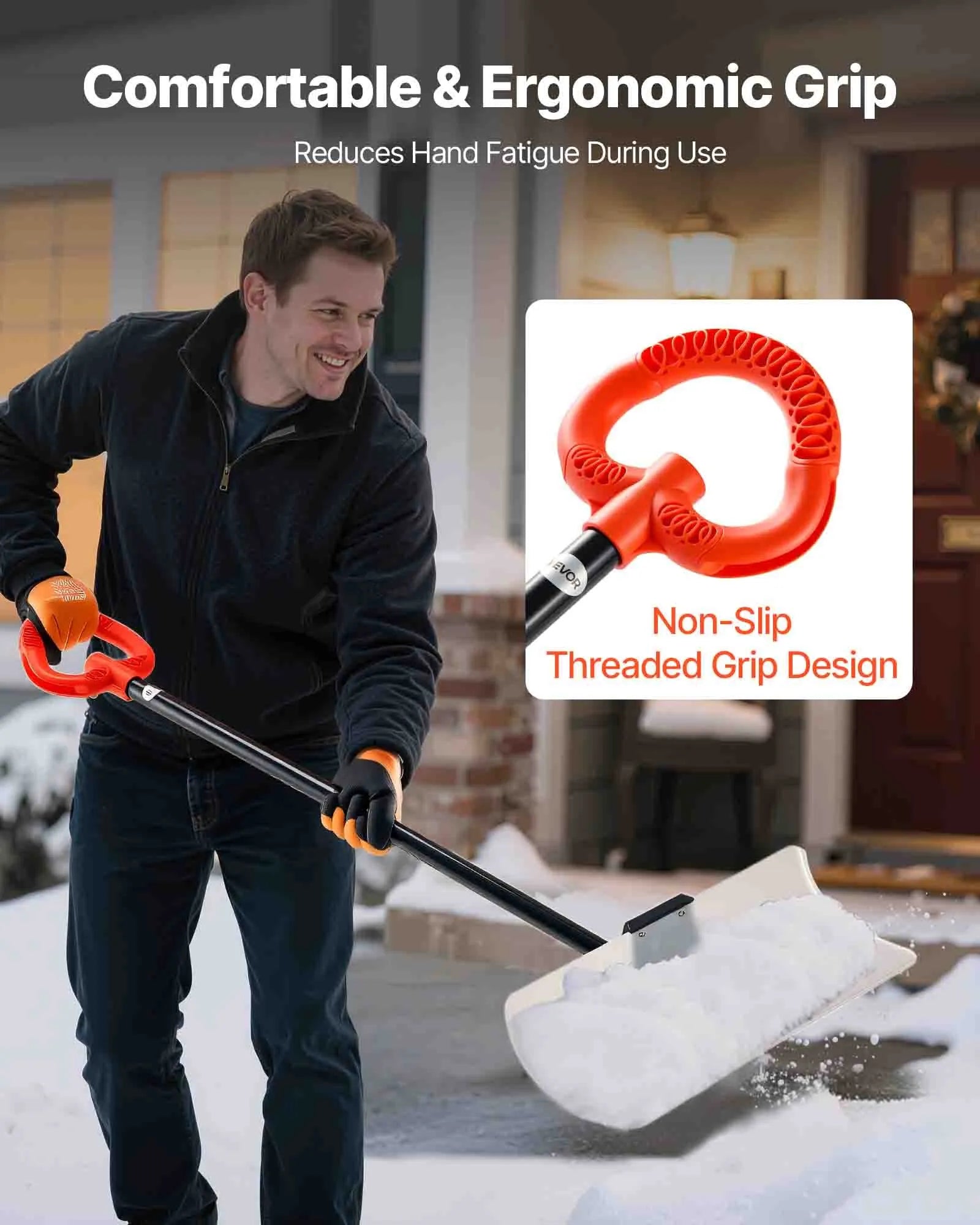 VEVOR Snow Pusher Shovel, 24 in Wide Outdoor Snowplow Shovel with Ergonomic Grip, HDPE Plastic Blade, Winter Shovels with Segmented Handle, Portable Snow Removal Tool for Driveway Garden Camping