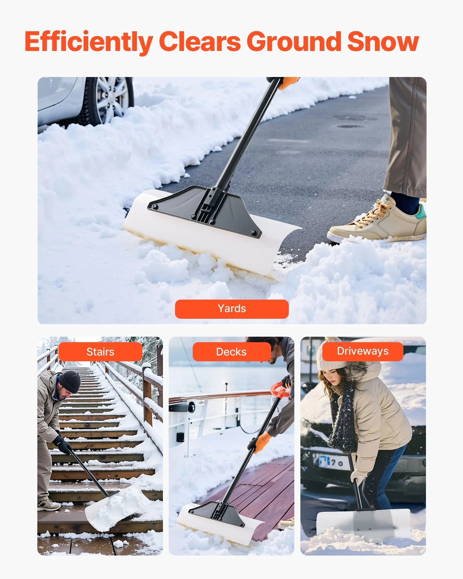 VEVOR Snow Pusher Shovel, 24 in Wide Outdoor Snowplow Shovel with Ergonomic Grip, HDPE Plastic Blade, Winter Shovels with Segmented Handle, Portable Snow Removal Tool for Driveway Garden Camping