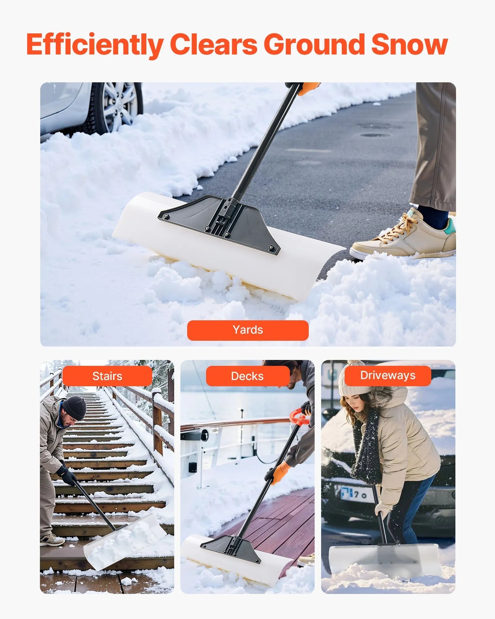 VEVOR Snow Pusher Shovel, 30 in Outdoor Snowplow Shovel with Ergonomic Grip, HDPE Plastic Blade, Winter Shovels with Segmented Handle, Metal Edged Strip, Portable Snow Removal Tool for Driveway Garden
