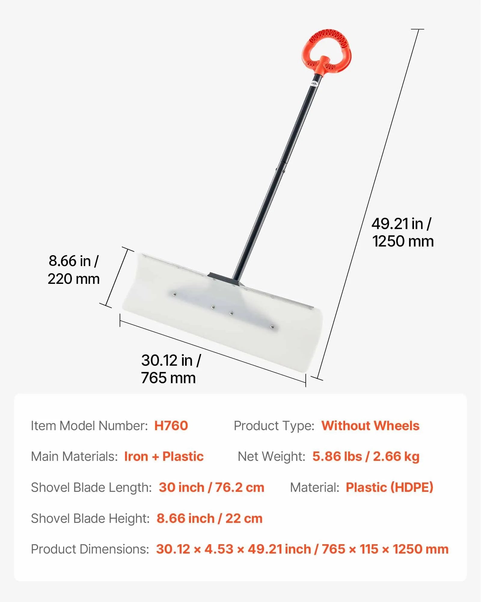 VEVOR Snow Pusher Shovel, 30 in Outdoor Snowplow Shovel with Ergonomic Grip, HDPE Plastic Blade, Winter Shovels with Segmented Handle, Metal Edged Strip, Portable Snow Removal Tool for Driveway Garden