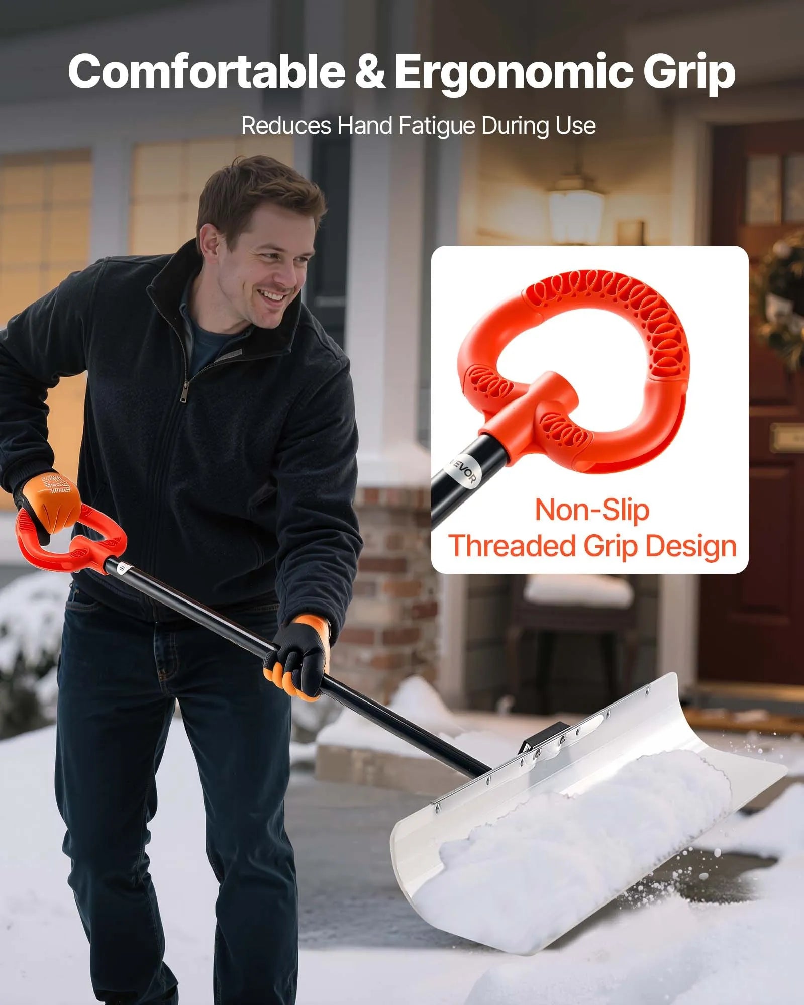 VEVOR Snow Pusher Shovel, 36 in Outdoor Snowplow Shovel with Ergonomic Grip, HDPE Plastic Blade, Winter Shovels with Segmented Handle, Metal Edged Strip, Portable Snow Removal Tool for Driveway Garden