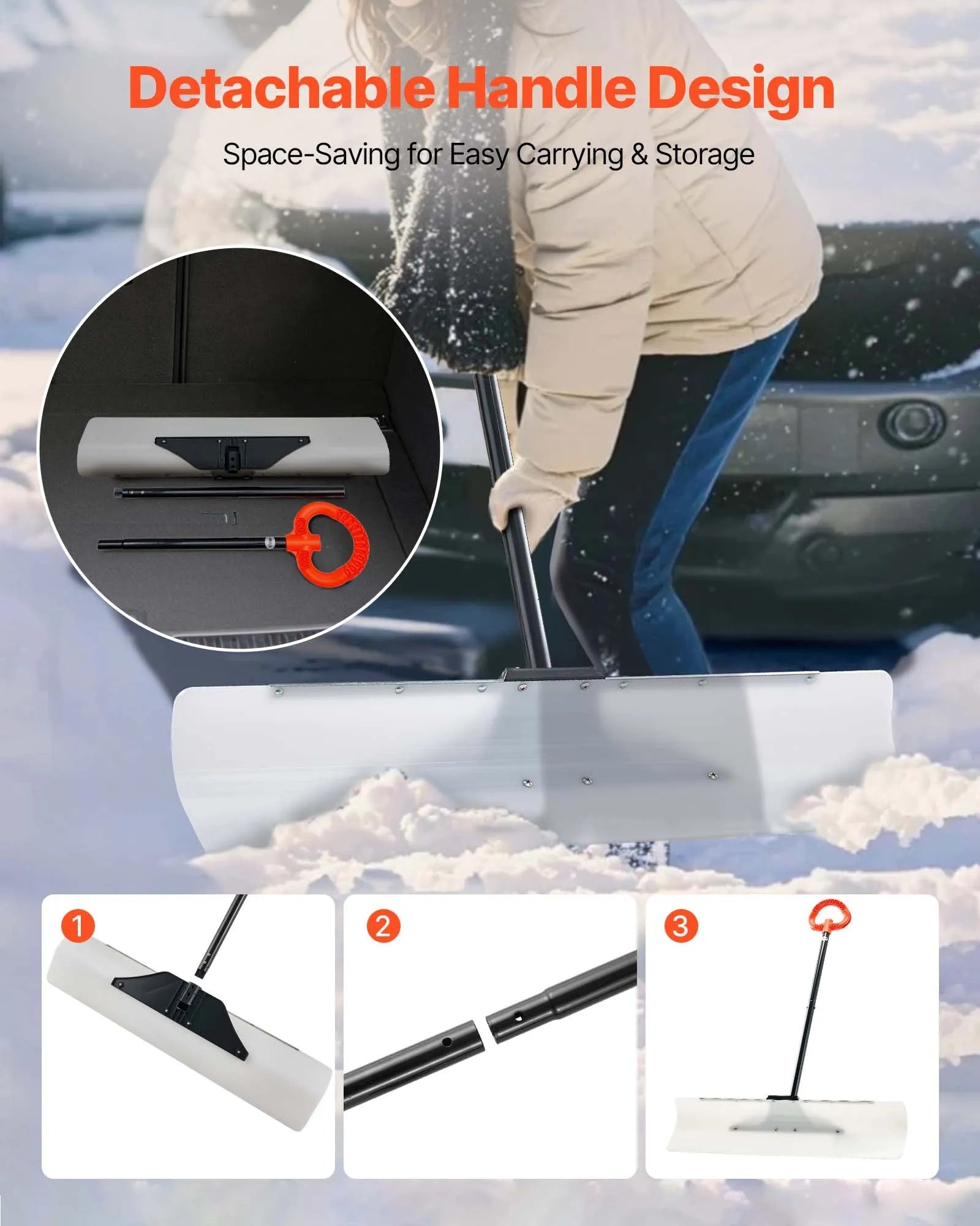 VEVOR Snow Pusher Shovel, 36 in Outdoor Snowplow Shovel with Ergonomic Grip, HDPE Plastic Blade, Winter Shovels with Segmented Handle, Metal Edged Strip, Portable Snow Removal Tool for Driveway Garden