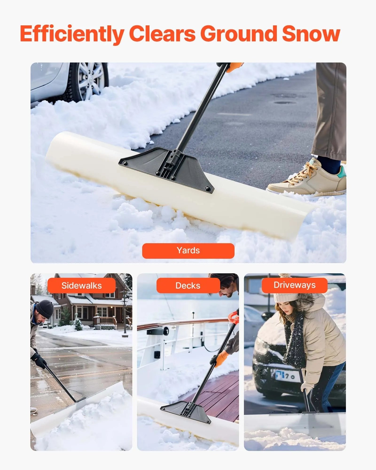 VEVOR Snow Pusher Shovel, 48 in Outdoor Snowplow Shovel with Ergonomic Grip, HDPE Plastic Blade, Winter Shovels with Segmented Handle, Metal Edged Strip, Portable Snow Removal Tool for Driveway Garden
