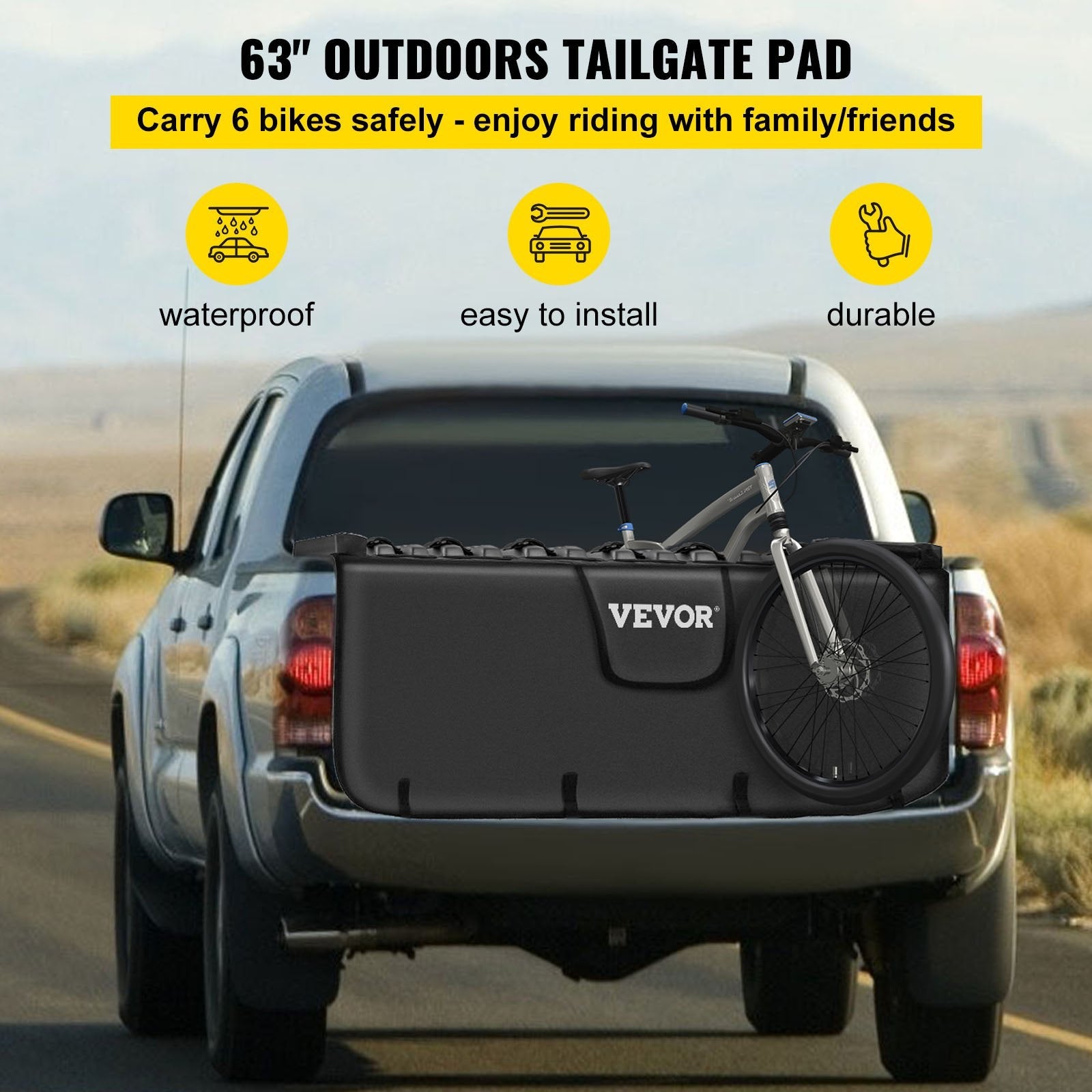 VEVOR Tailgate Pad, 63\" Wide Tailgate Bike Pad, Truck Bike Pad for Carrying up to 6 Bikes, Truck Bed Bike Pad with PVC Outer Layer, Tool Pocket and Straps for Middle & Large Pickup Truck, Upgraded