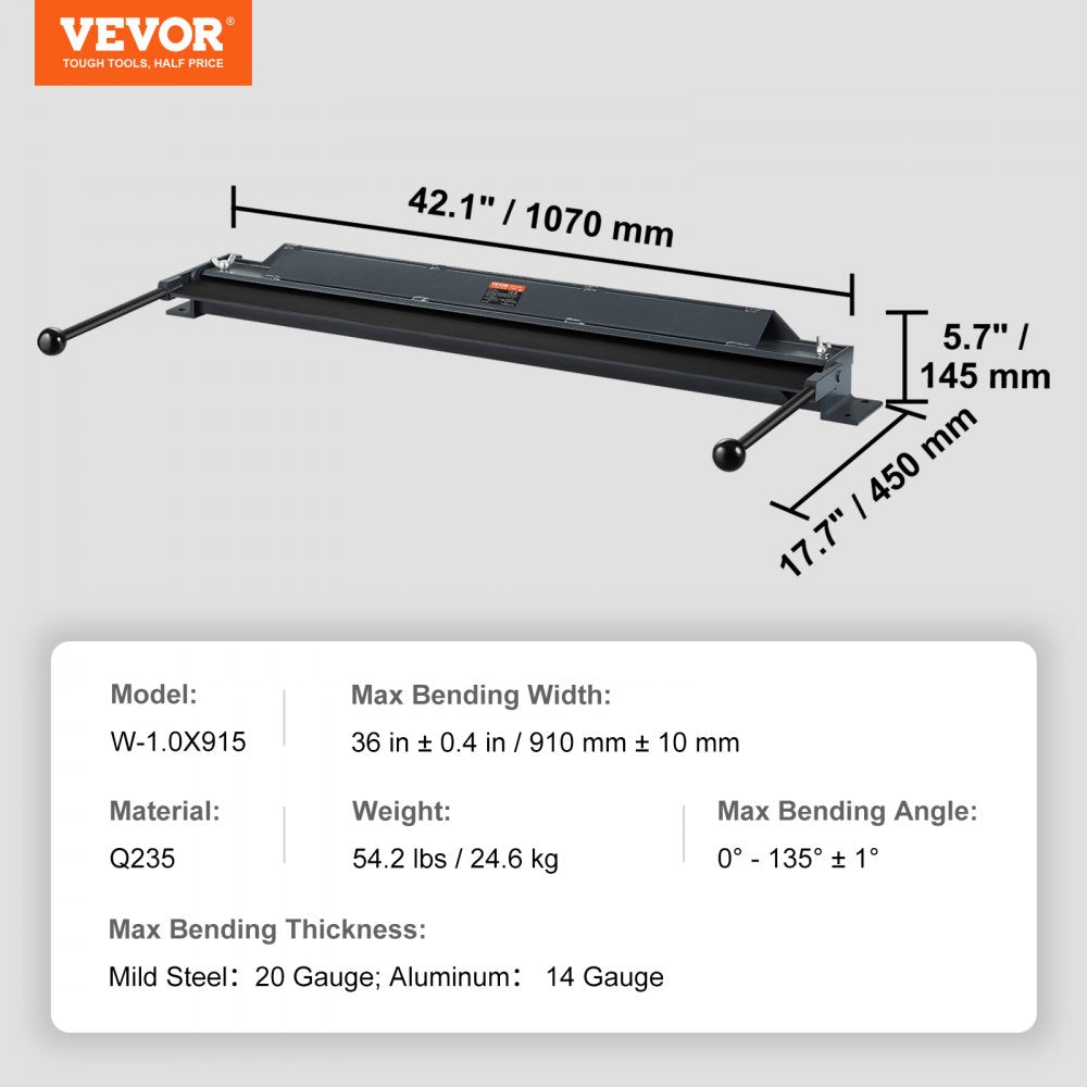 VEVOR Box and Pan Brake, 36-Inch, 0-130 Degrees Sheet Metal Bending Brake, Portable Mini Metal Bender with 20 Gauge Low Carbon Steel 14 Gauge Aluminum Capacity Power Handle, for Metal Bending