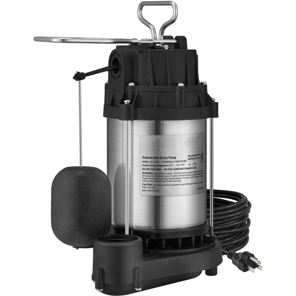 VEVOR Sump Pump, 1/2 HP 3960 GPH, Submersible Cast Iron Stainless Steel Water Pump, 1-1/2" NPT Discharge With 10 ft Cord, Automatic Float Switch with Piggy-back Plug, for Indoor Basement Water Basin