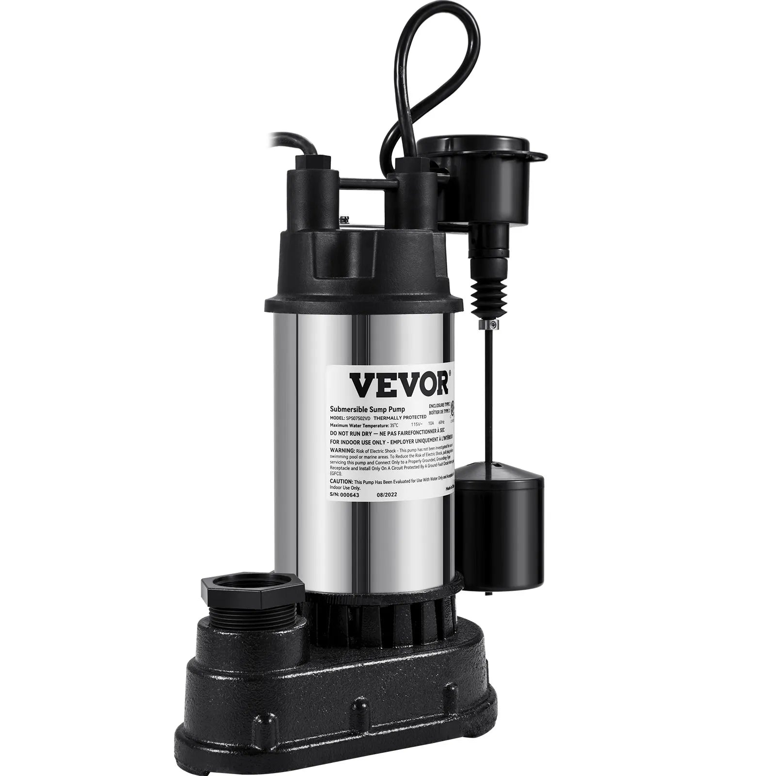 VEVOR Sump Pump, 1.5 HP 6000 GPH, Submersible Cast Iron and Stainless Steel Water Pump, 1-1/2" Discharge With 1-1/4" Adaptor, Automatic Vertical Float Switch, for Indoor Basement Water Basin
