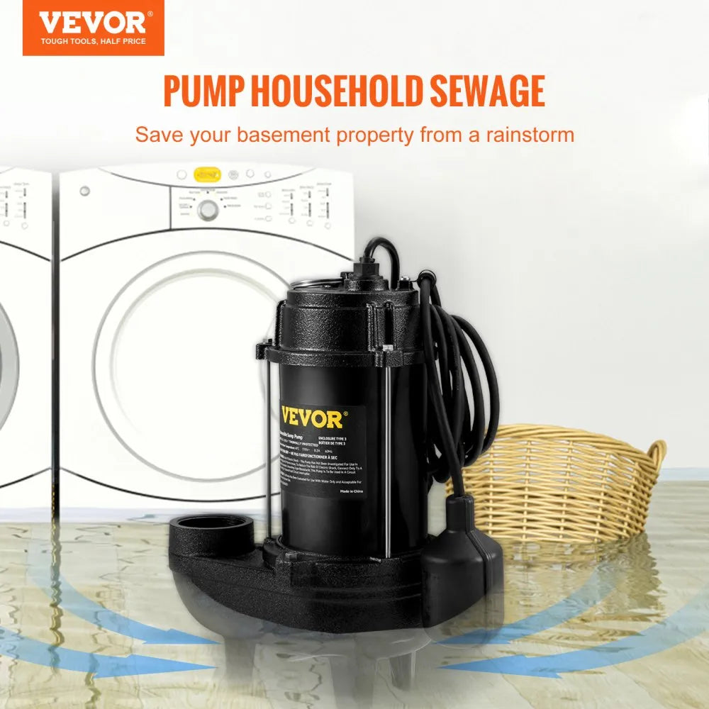 VEVOR Sewage Pump, 3/4 HP 5880 GPH 1050W, Submersible Cast Iron Ejector, with 2" Discharge and 10 ft Piggy-back Automatic Tether Float Switch, for Septic Tank, Basement, Residential Sewer Effluent
