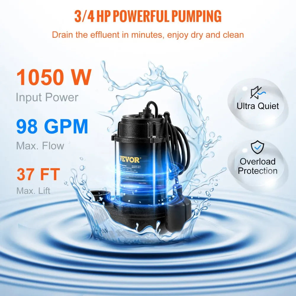 VEVOR Sewage Pump, 3/4 HP 5880 GPH 1050W, Submersible Cast Iron Ejector, with 2" Discharge and 10 ft Piggy-back Automatic Tether Float Switch, for Septic Tank, Basement, Residential Sewer Effluent