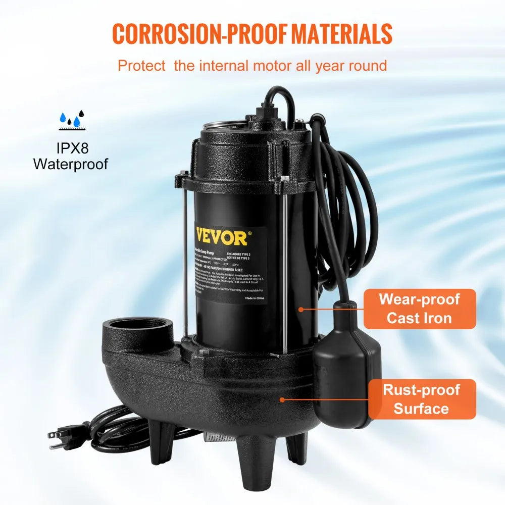 VEVOR Sewage Pump, 3/4 HP 5880 GPH 1050W, Submersible Cast Iron Ejector, with 2" Discharge and 10 ft Piggy-back Automatic Tether Float Switch, for Septic Tank, Basement, Residential Sewer Effluent